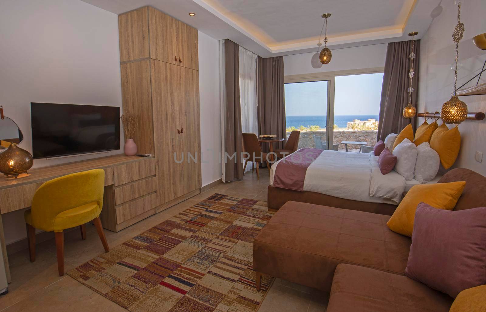 Interior design of luxury studio apartment living room with bed by paulvinten