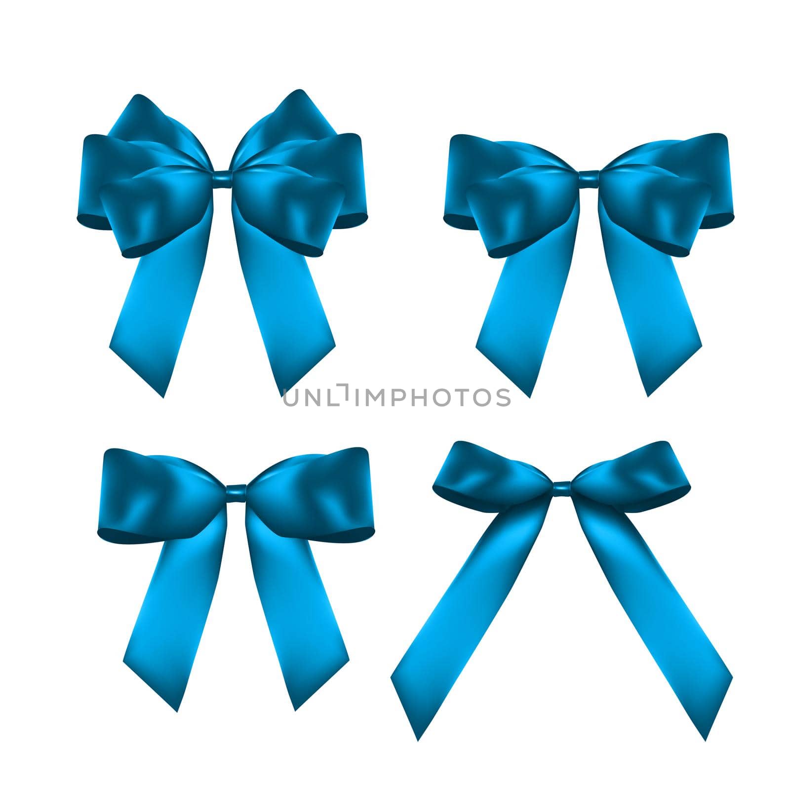 Decorative blue bow collection set. 3D Realistic Vector Illustration by yganko