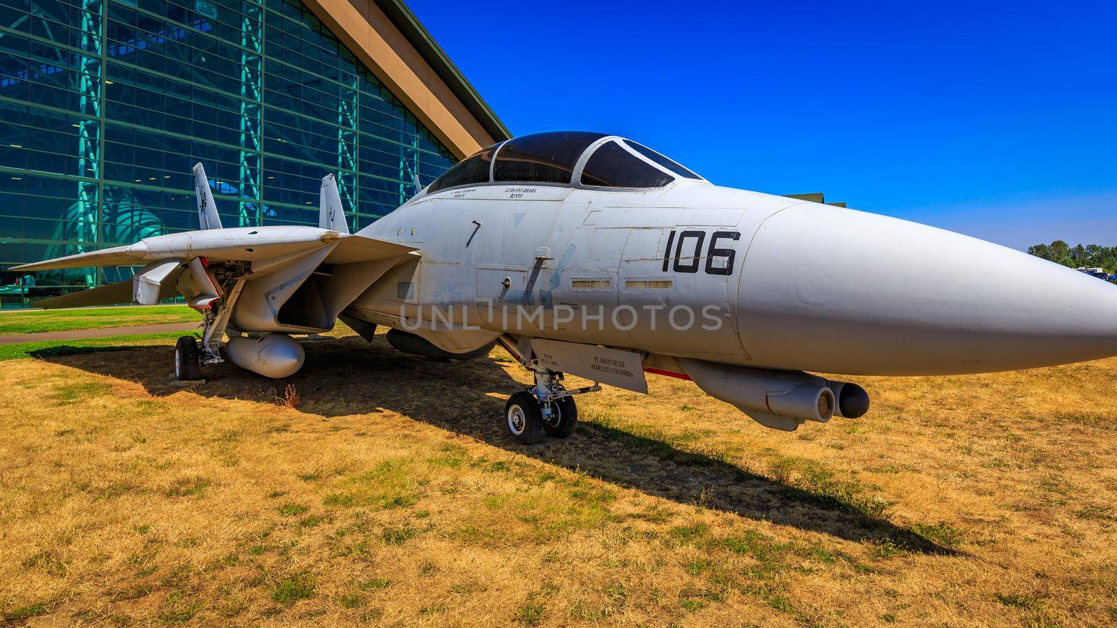 McMinnville, Oregon - August 21, 2017: US Navy Grumman F-14D Super Tomcat on exhibition at Evergreen Aviation & Space Museum.