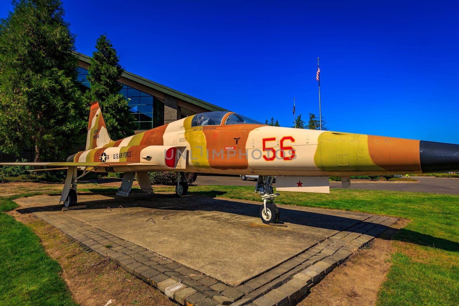 McMinnville, Oregon - August 21, 2017: US Air Force Northrop F-5E Tiger II with desert strip on exhibition at Evergreen Aviation & Space Museum.