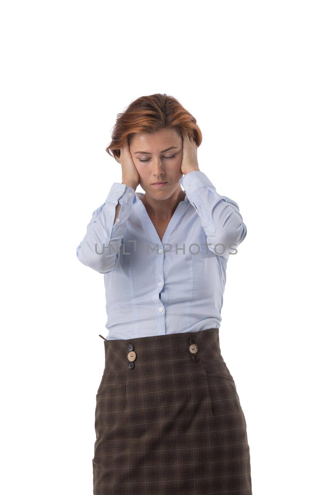 Portrait of businesswoman having headache and touching her head on white background