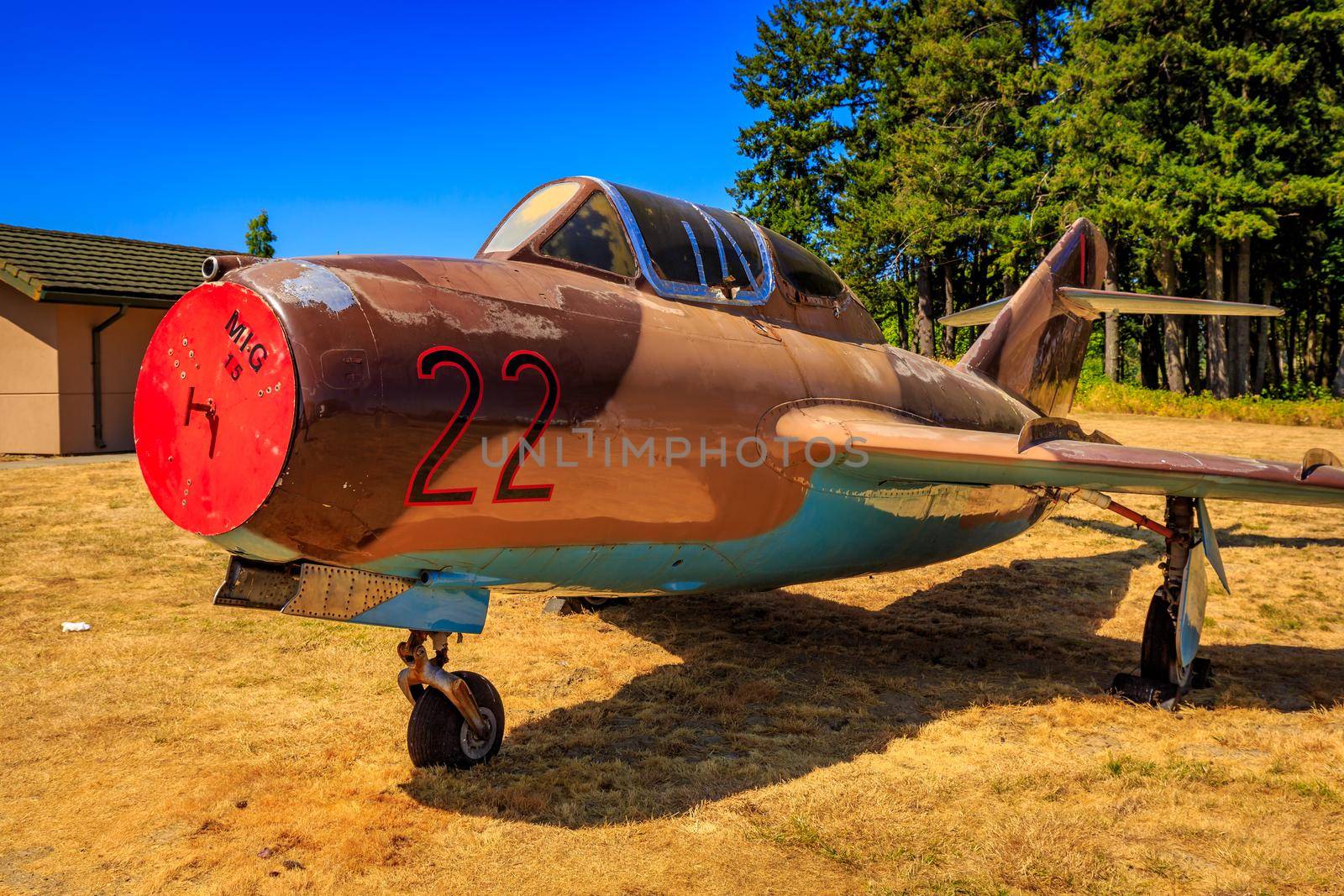 McMinnville, Oregon - August 21, 2017: Mikoyan-Gurevich MiG-15UTI 'Midget' (Shenyang JJ-2) '22 Black' on exhibition at Evergreen Aviation & Space Museum.