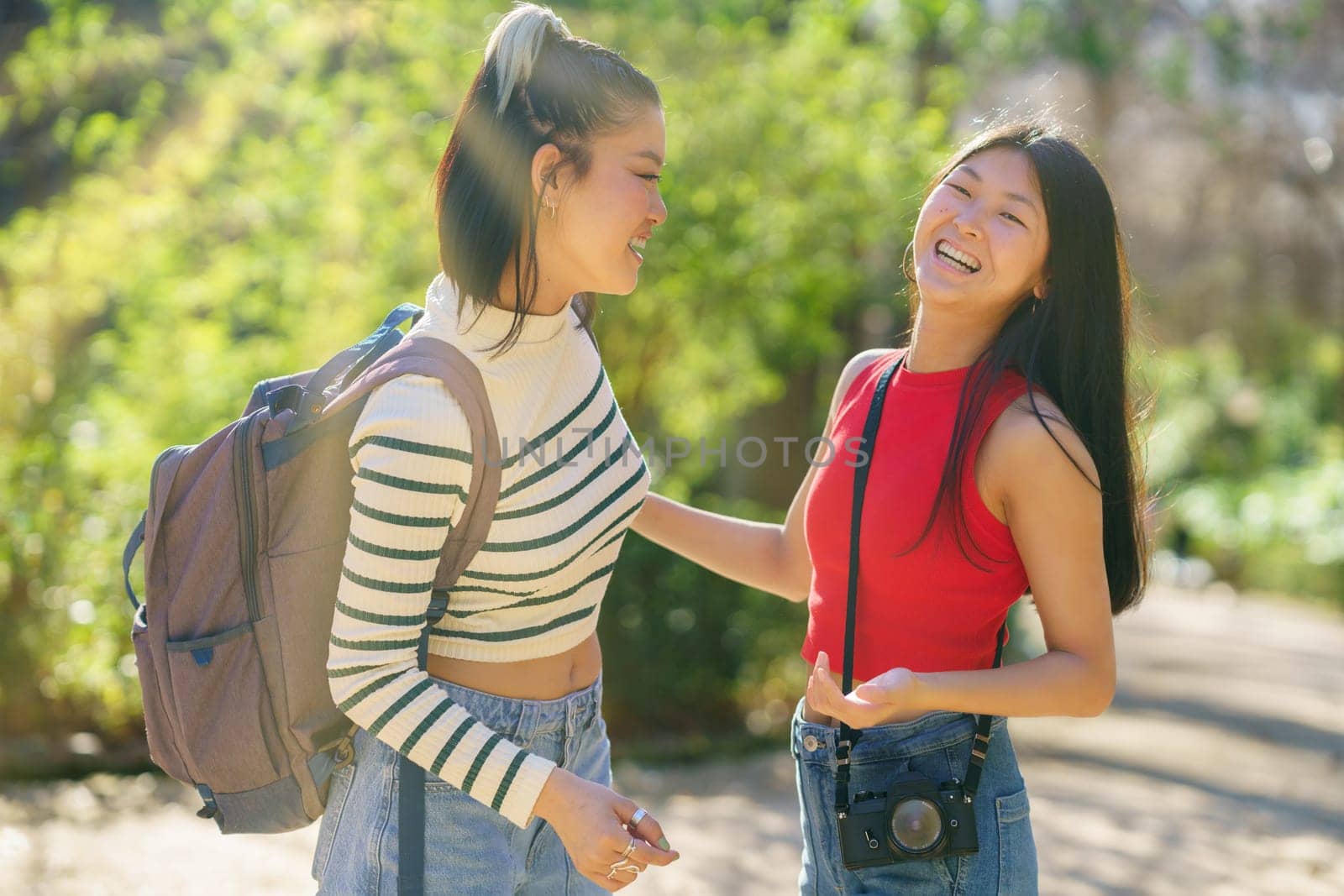 Positive young Asian female friends in casual clothes, with backpack and retro photo camera smiling happily while standing in green sunny forest of Alhambra during summer trip through Granada
