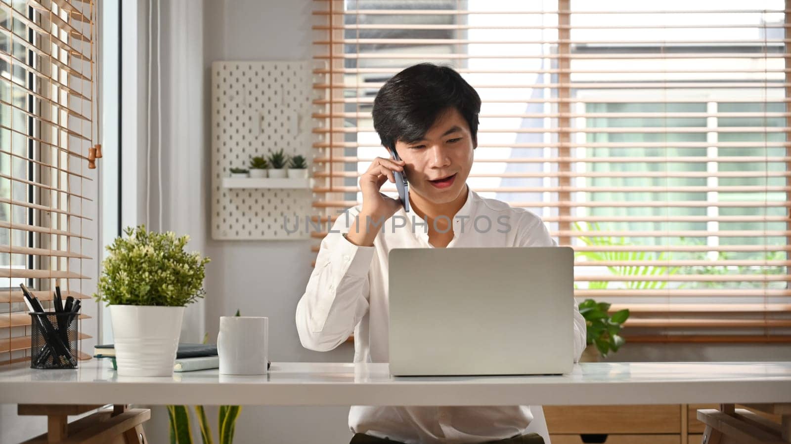 Handsome asian male freelancer looking at laptop screen and talking on mobile phone.
