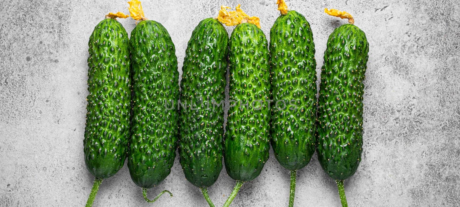 Fresh raw organic farmer cucumbers with leafs arranged on grey rustic stone background top view, healthy cucumbers in balanced nutrition, cooking concept by its_al_dente