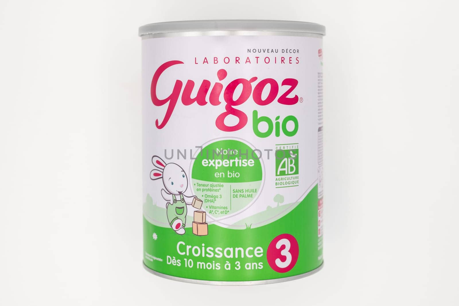 Paris, France - May 17, 2020: French artificial milk for baby Guigoz bio with a label Organic farming
