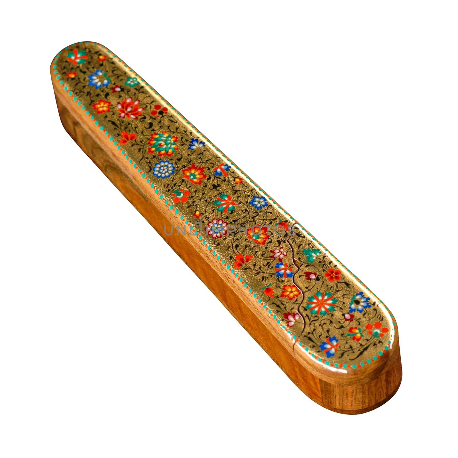 A closeup of a pencil case with artistic painting on a white background. Central Asia, Uzbekistan by A_Karim