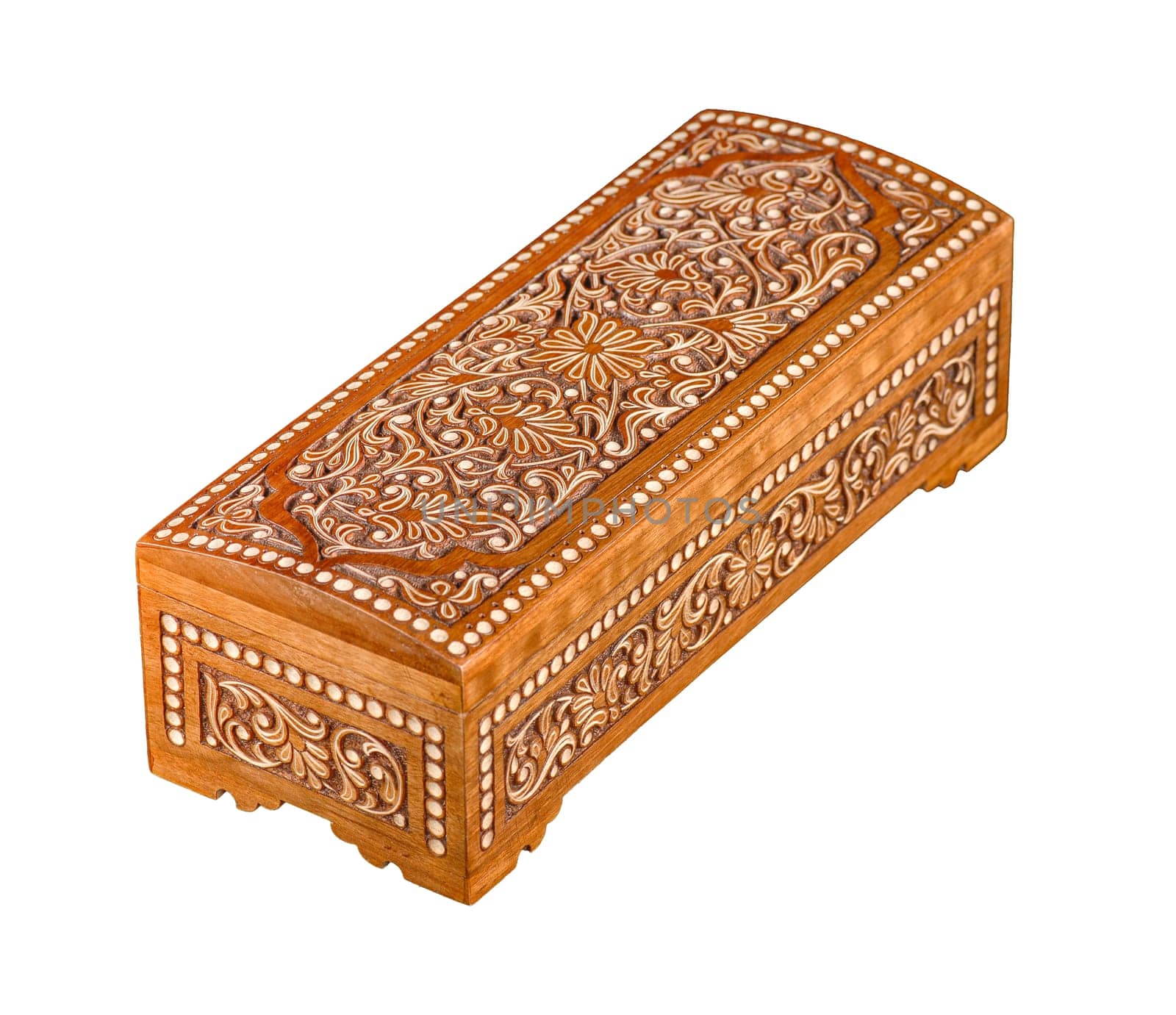 A wooden casket with traditional artistic carving isolated on a white background by A_Karim