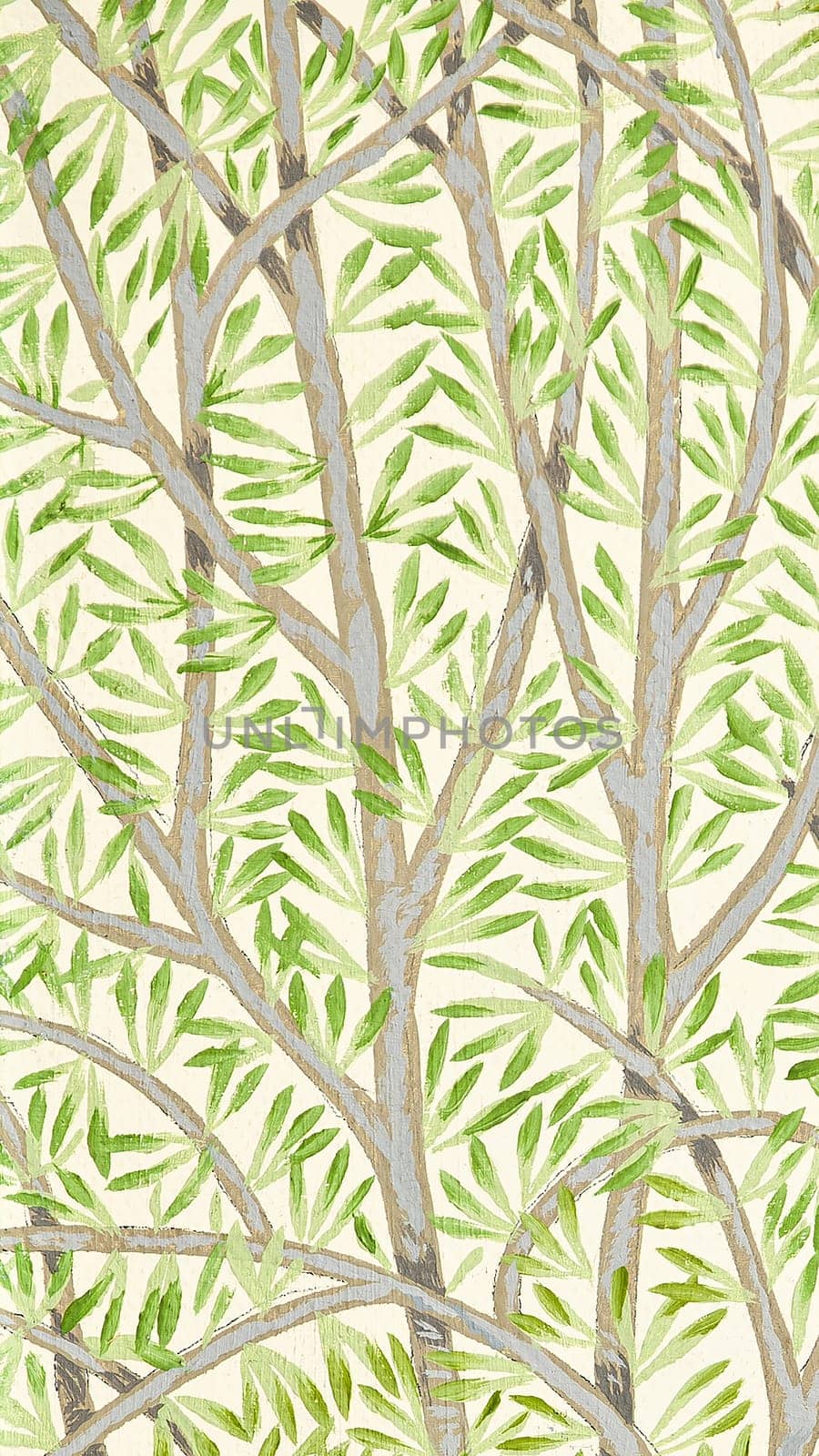 A vertical illustrated design of tree branches with green leaves on a beige background