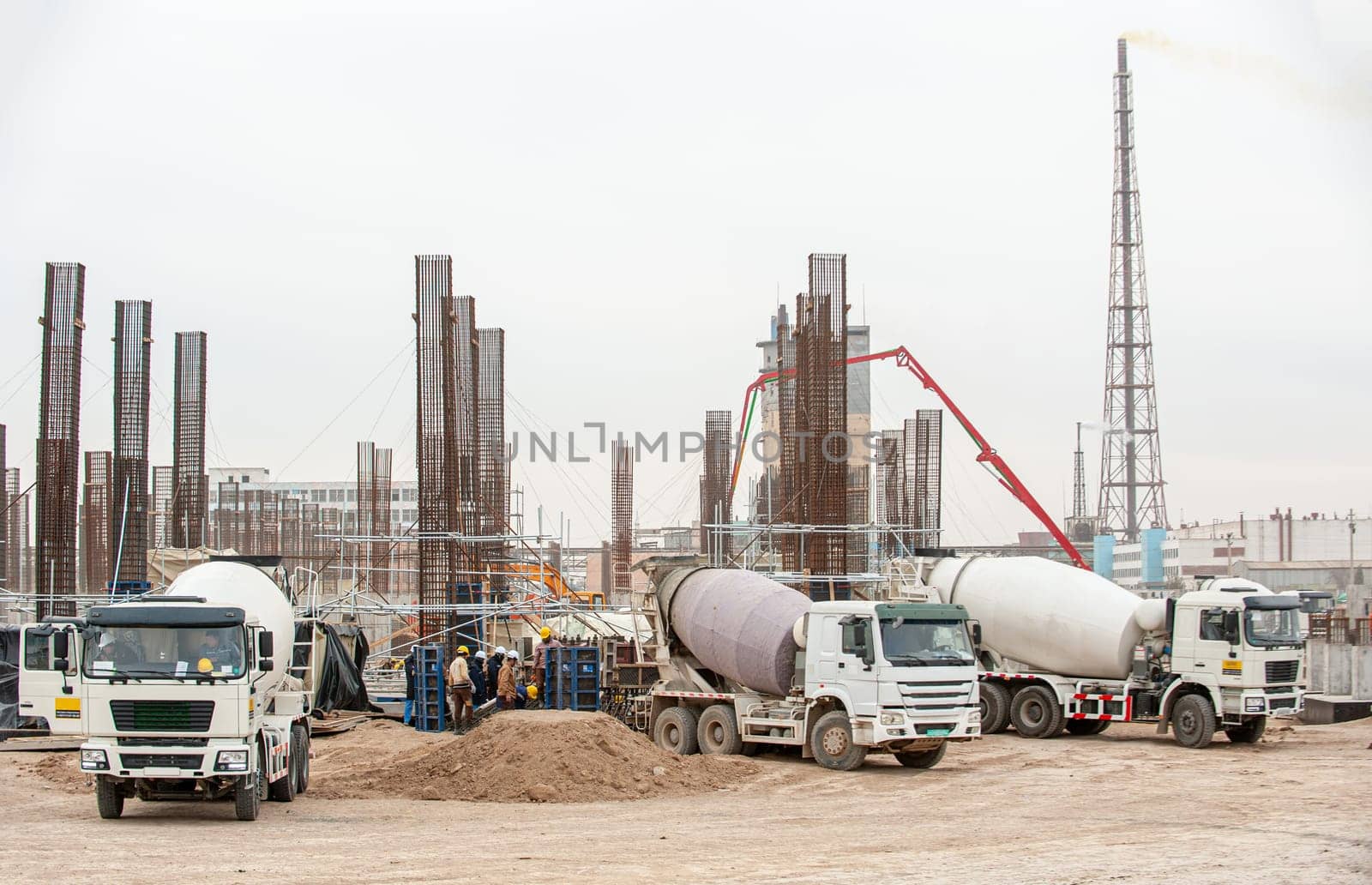 An oil and gas industry with an industrial construction view with tracks and tools outdoors