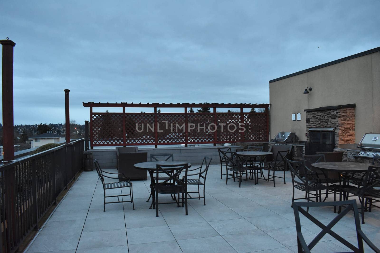 Sunrise on a Rooftop Patio Overcast Morning in Seattle. High quality photo