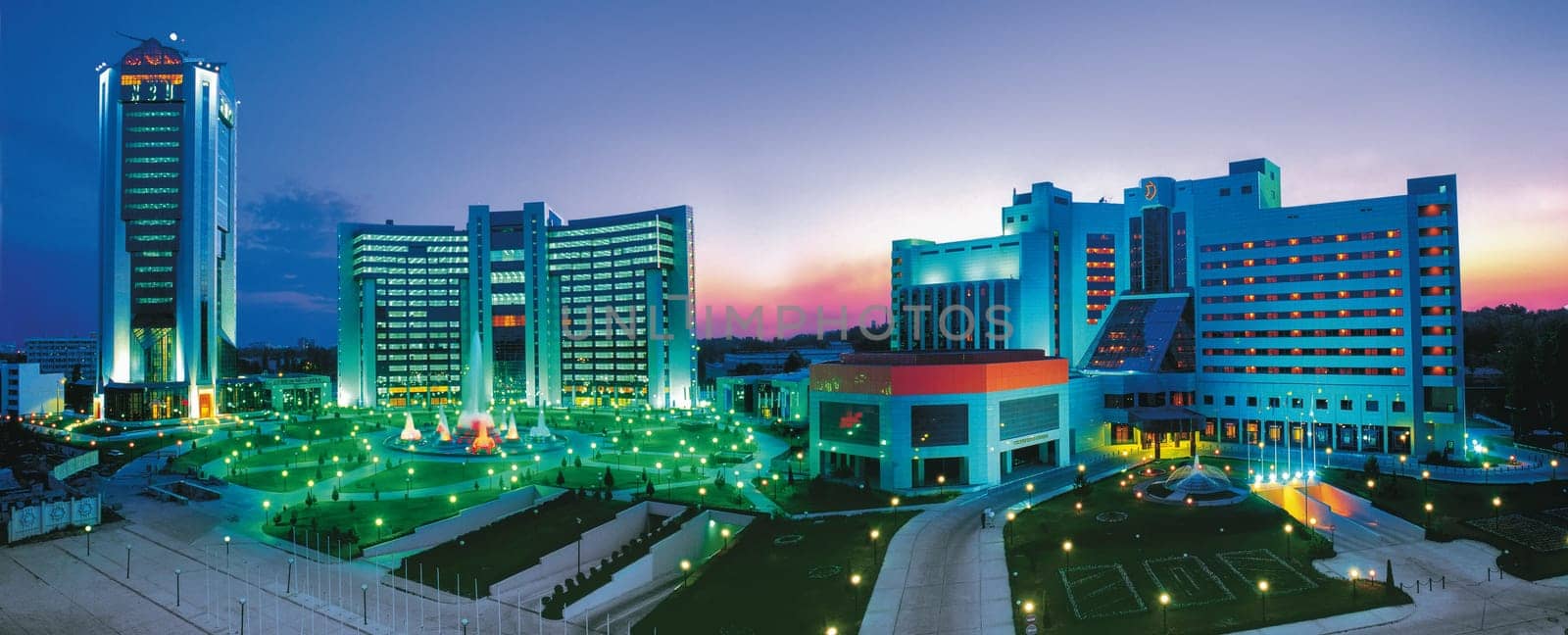 A panoramic shot of a modern city with a business center and hotels in Tashkent, Uzbekistan