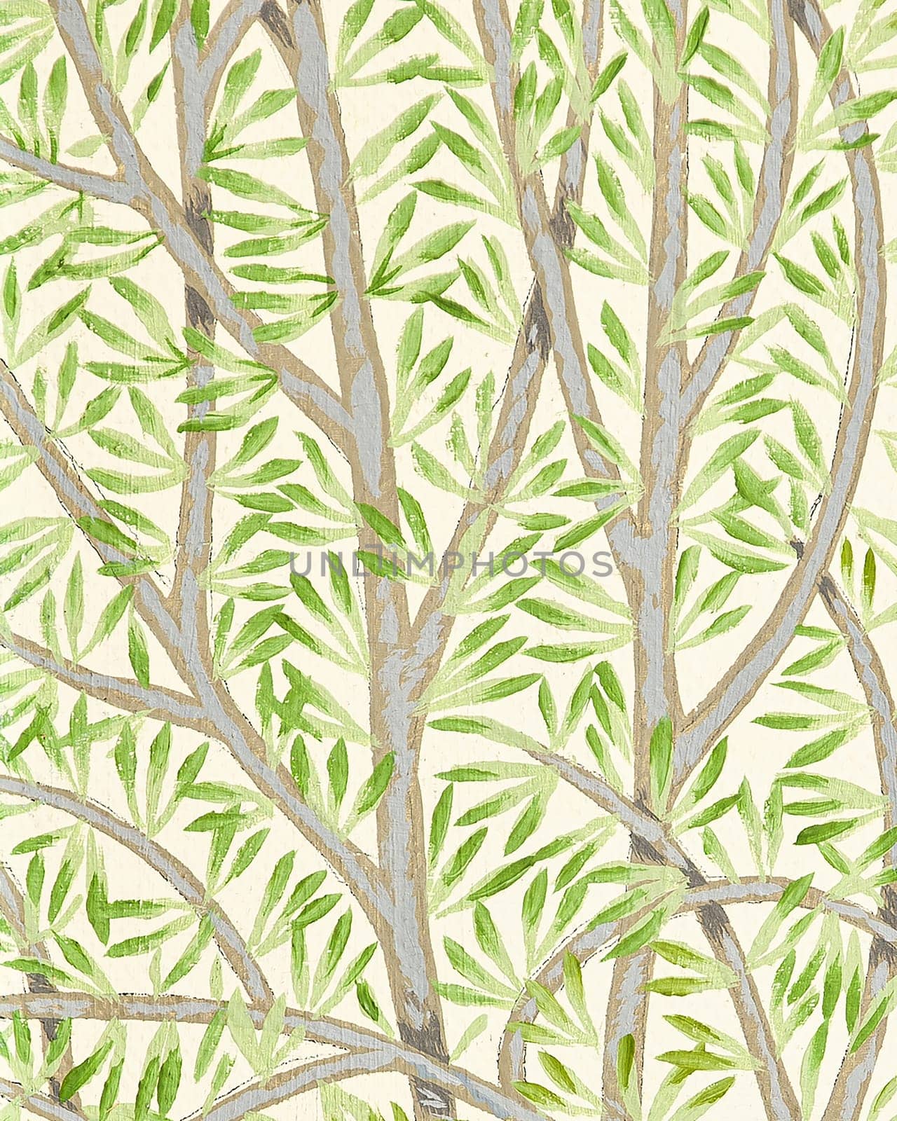 A vertical illustrated design of tree branches with green leaves on a beige background by A_Karim