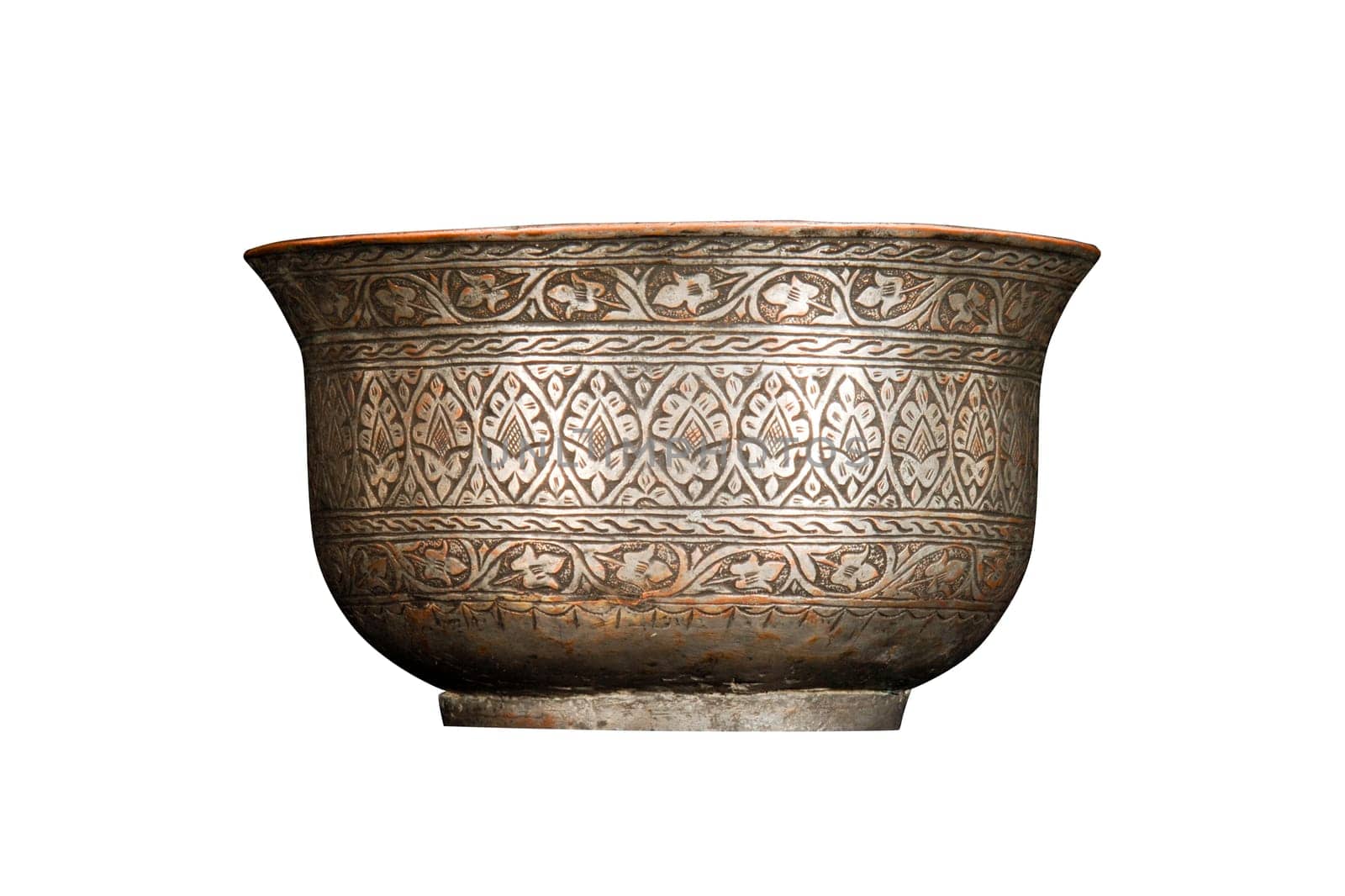 An antique metal bowl with artistic chasing and engraving on a white background by A_Karim