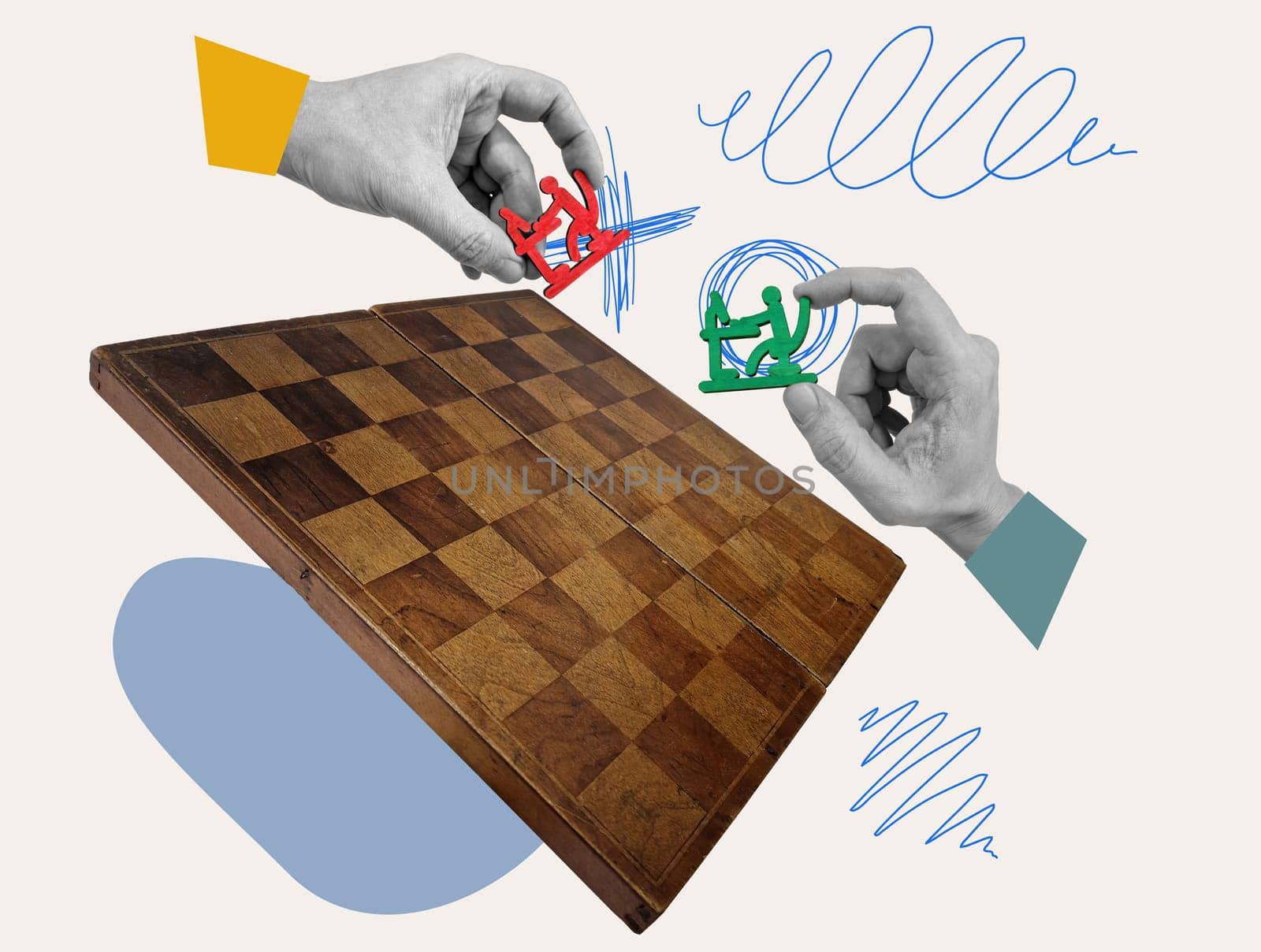 Collage with a chessboard and hands holding staff figures. Employee turnover and attrition. by designer491