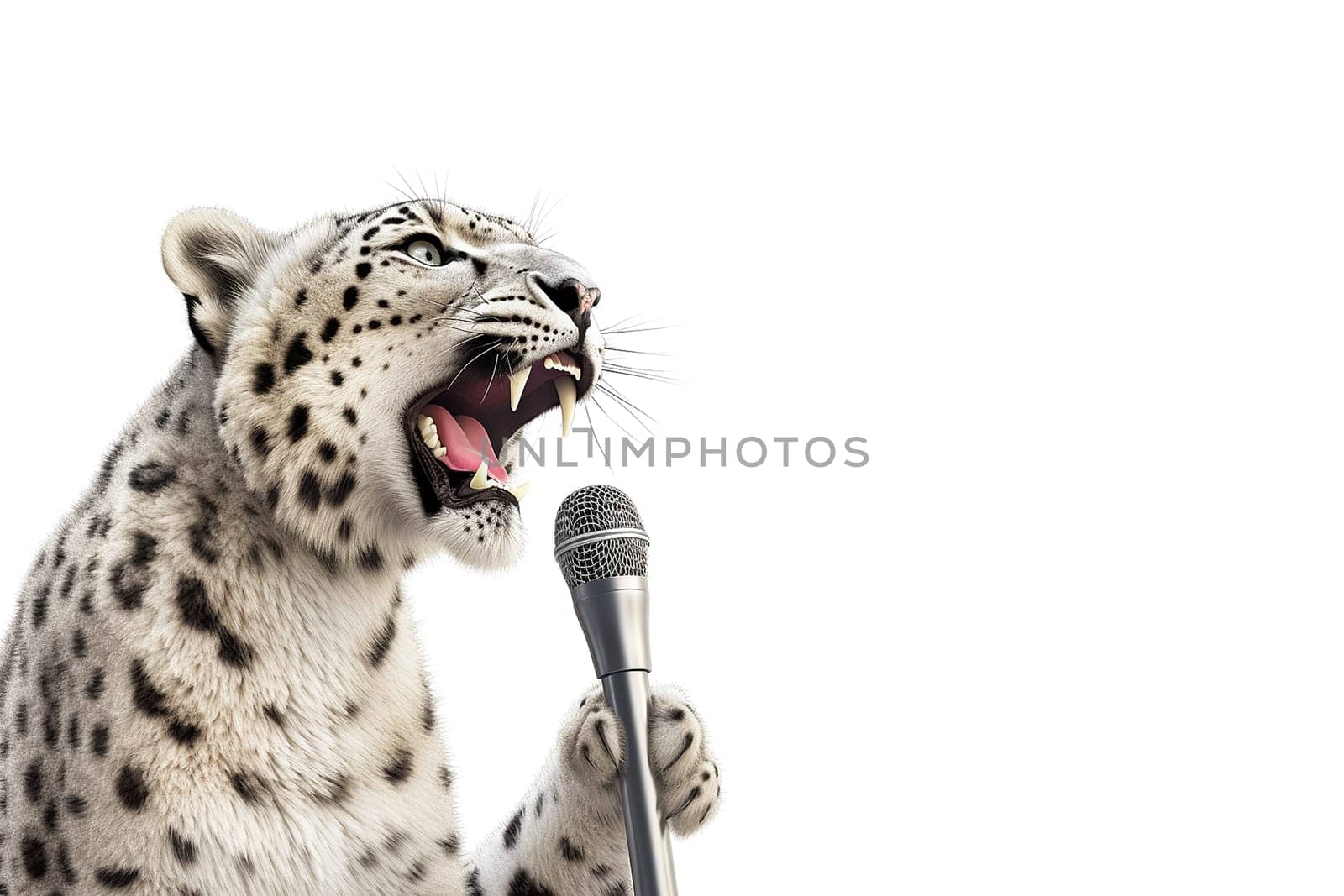 A snow leopard sings into a microphone. Snow leopard isolated on white background.