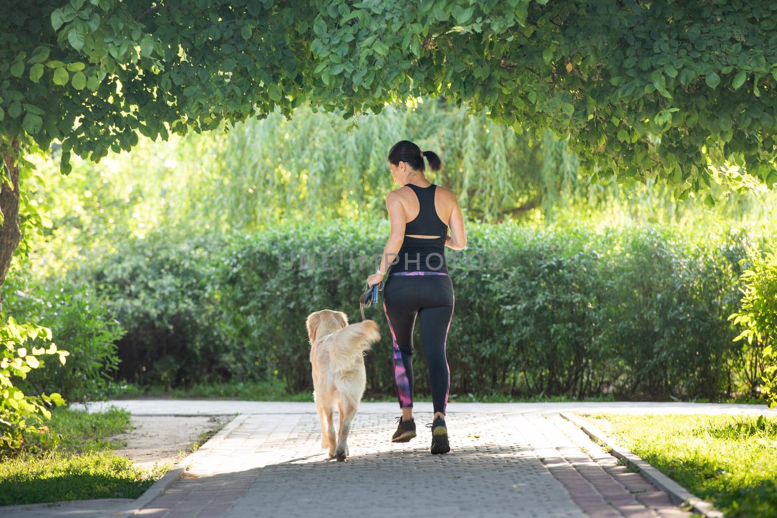 Sport girl running with golden retriever dog outdoors in the park. Young woman jogging with doggy pet labrador at summer