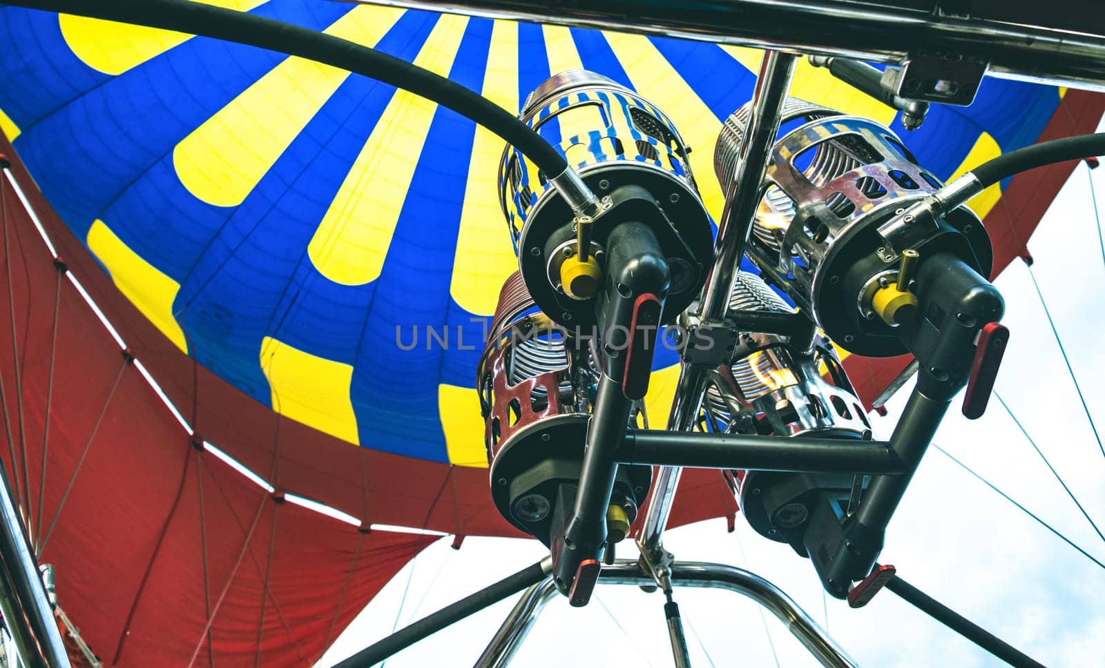 Bottom view of hot air balloon engine during festival in Cappadocia, Turkey