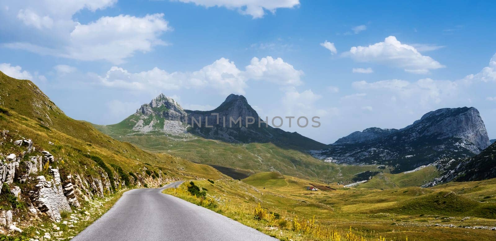 Road with mountains view in National park Durmitor in Montenegro. Amazing balkan nature and hills in sunny day with blue sky
