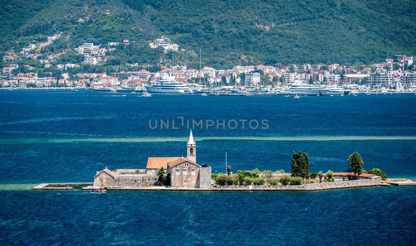 Island Lady of the rocks in Montenegro, Adriatic sea view. Amazing Mediterranean architecture and nature