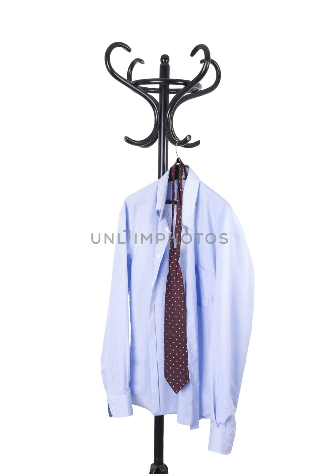 a coat rack with a men's jacket, shirt and tie on a transparent background