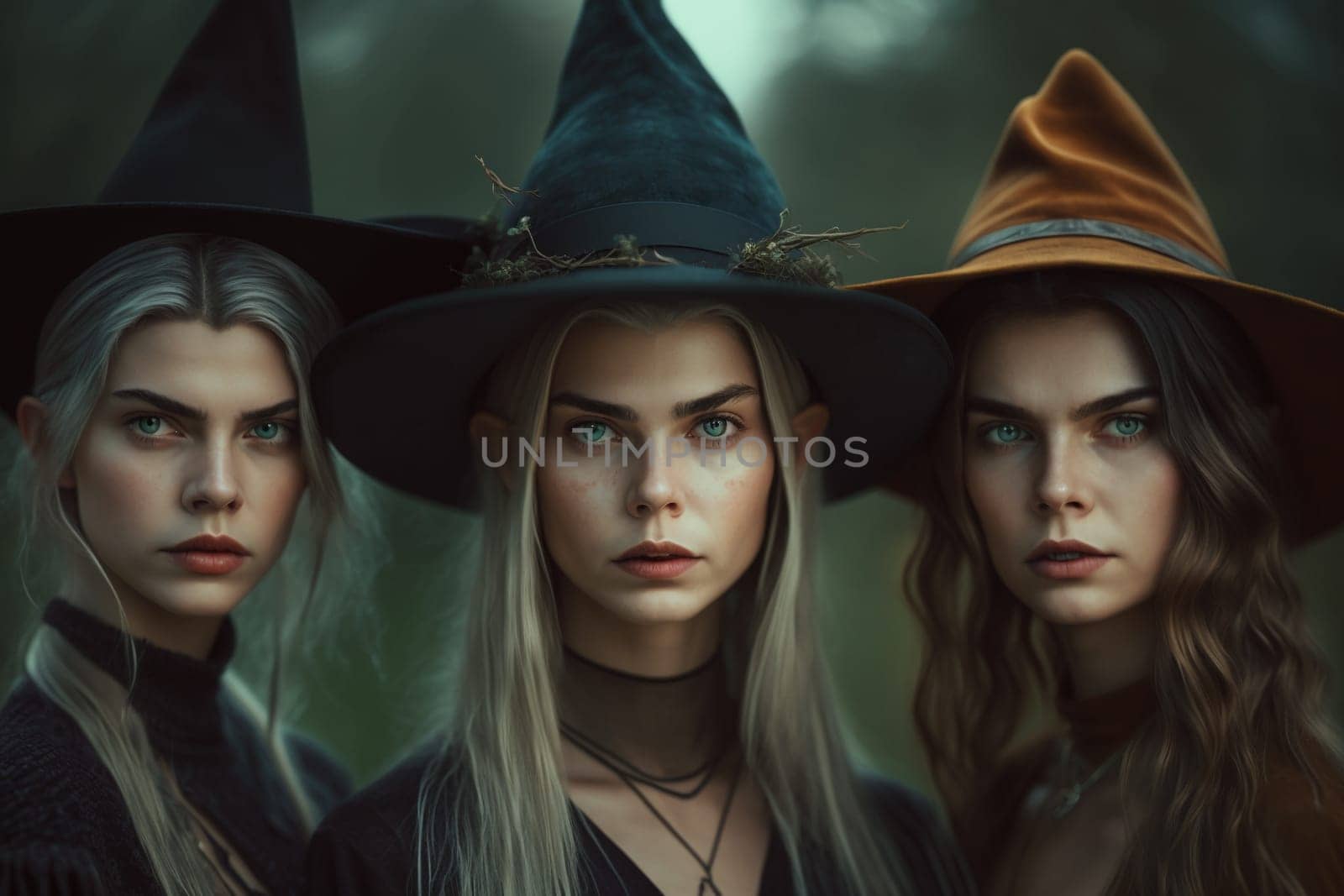 Witch with making witchcraft, magic spells, hat conjuring. Spooky dark magic forest . Magician. Wide Halloween party art design. Terrifying scary personage, beautiful sorceress.