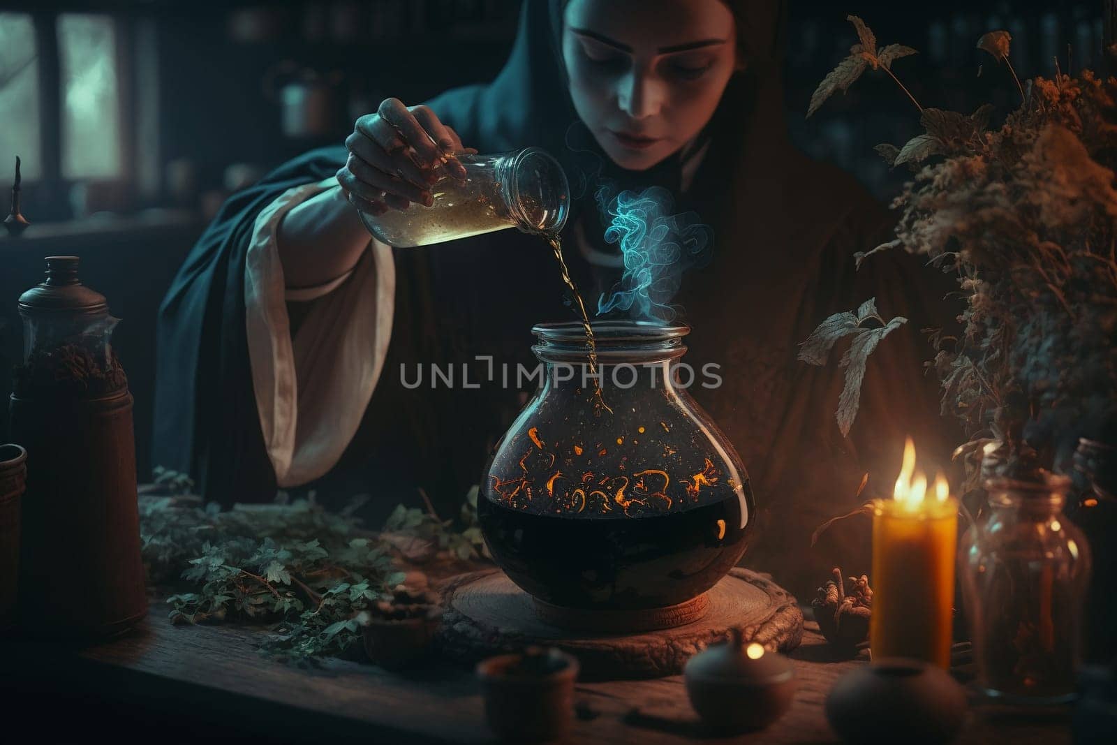 Witch with making witchcraft, magic spells, hat conjuring. Spooky dark magic forest . Magician. Wide Halloween party art design. Terrifying scary personage, beautiful sorceress.