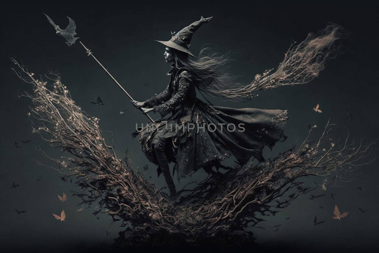 Witch with making witchcraft, magic spells, hat conjuring. Spooky dark magic forest . Magician. Wide Halloween party art design. Terrifying scary personage, beautiful sorceress.