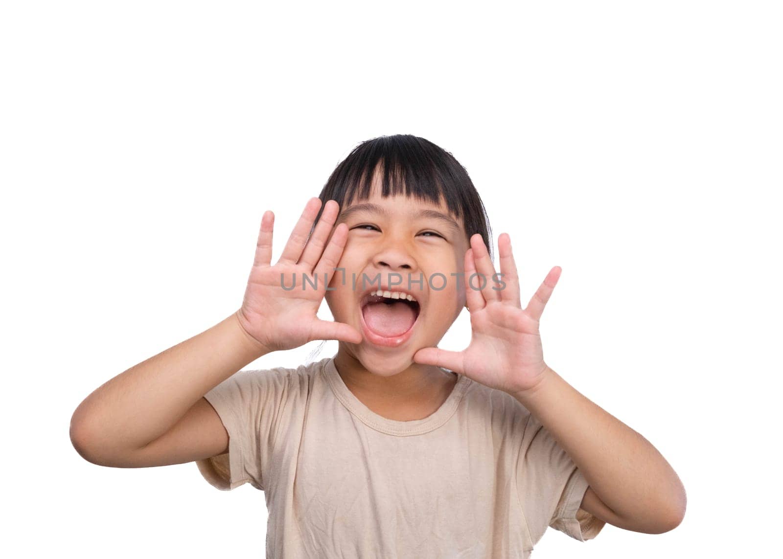 Cute little girl shouting and holding palm near mouth on white background.