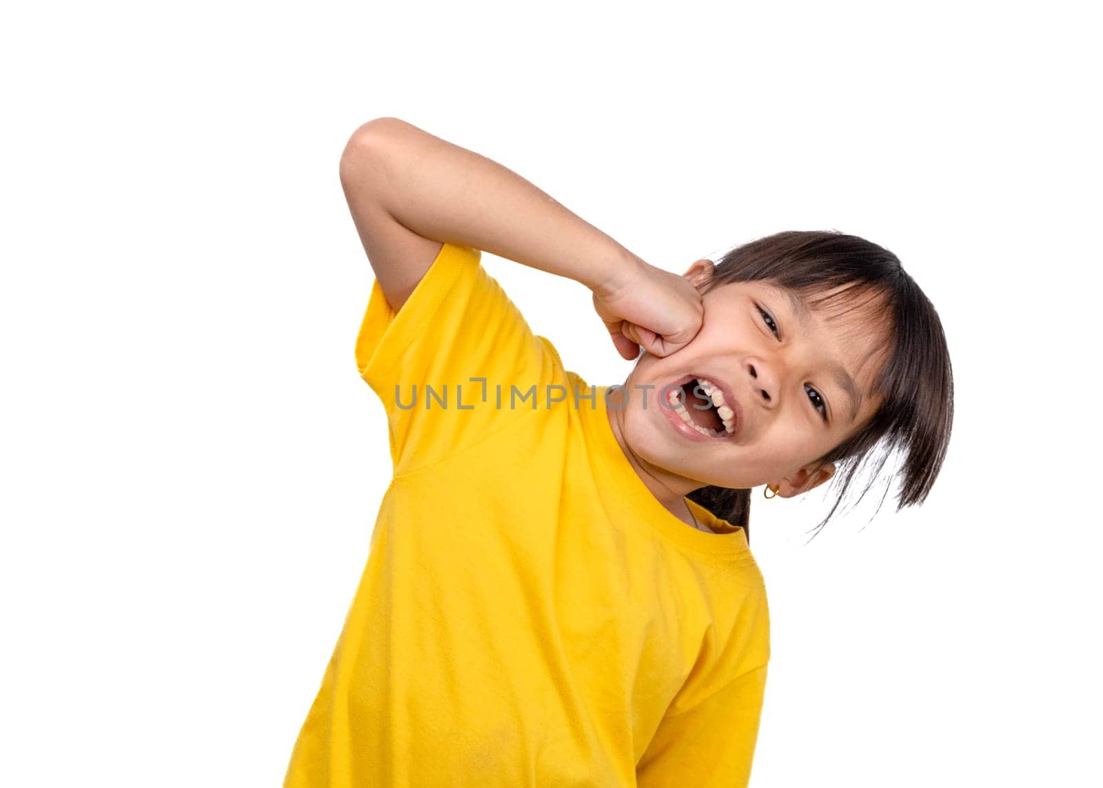 Asian girl making a funny face with one hand punching her cheek. Portrait of a cute girl punching herself in the cheek. facial expression by TEERASAK