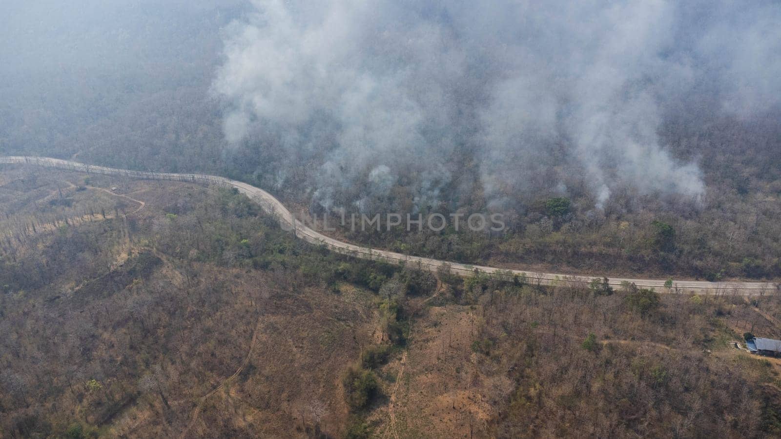 Aerial drone view of a wildfire burning through a forest area, fills the sky with dark smoke in the woods near the edge of the highway. Burning Forest. Air pollution concept
