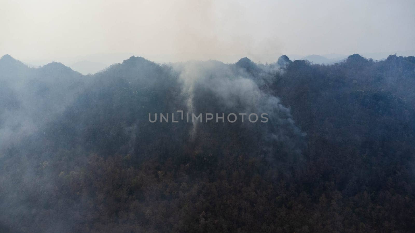 Aerial drone view of a wildfire burning through a forest area, fills the sky with dark smoke in the woods near the edge of the highway. Burning Forest. Air pollution concept by TEERASAK