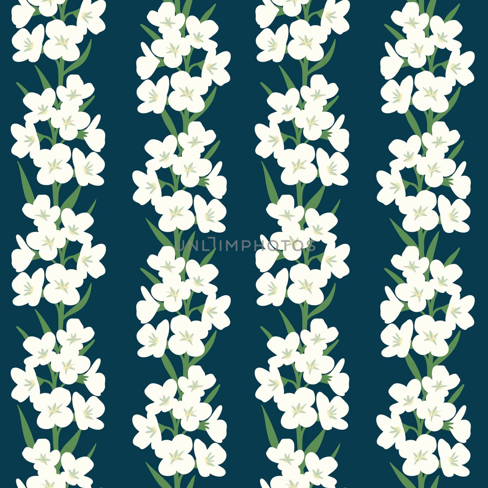 Hand drawn seamless pattern with white cuckoo flowers in vertical line on dark blue navy background. English meadow wildflower, floral wild plant, elegant victorian pattern, bloom blossom bouguet blooming botany design