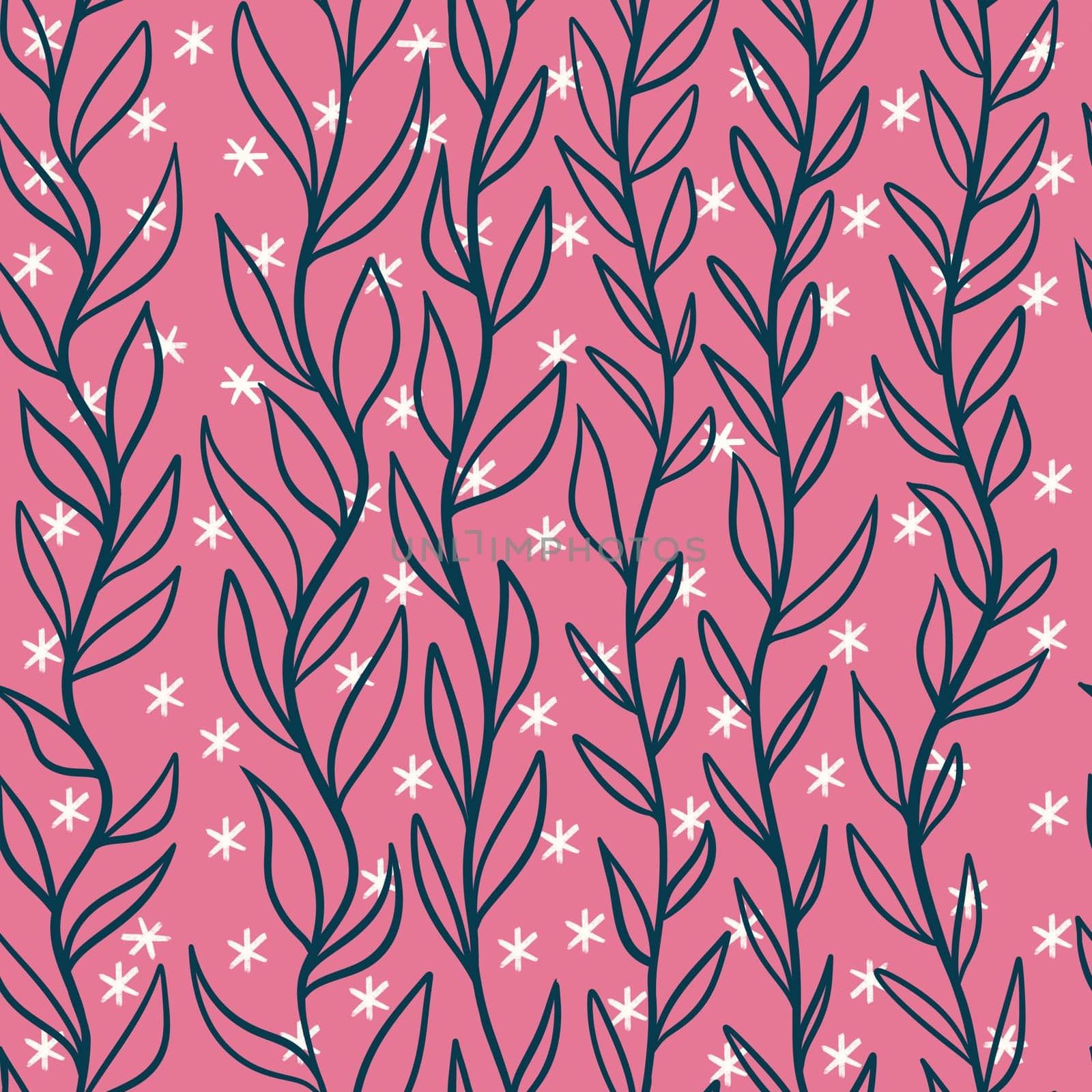 Hand drawn seamless pattern with dark blue leaves in vertical line on pink background with white stars. Floral decorative pattern, spring nature garden plant leaf, minimalist style, natural branches magic stars flowers. by Lagmar