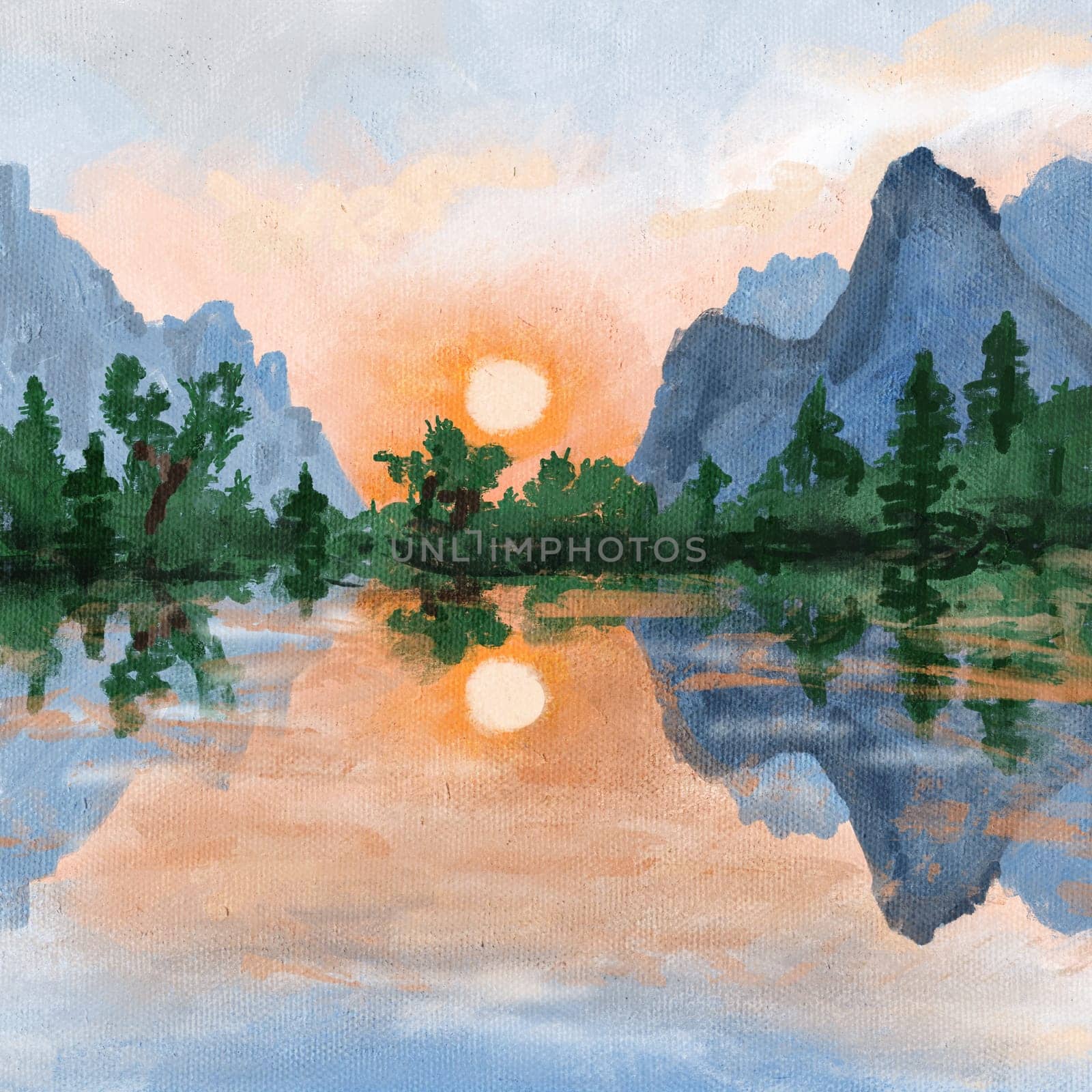 Hand drawn illustration of purple pink sunset landscape with water ocean river reflection. Mountains trees blue sky clouds, evening sunset sunsire scenery scene, oil painting texture sketch style. by Lagmar