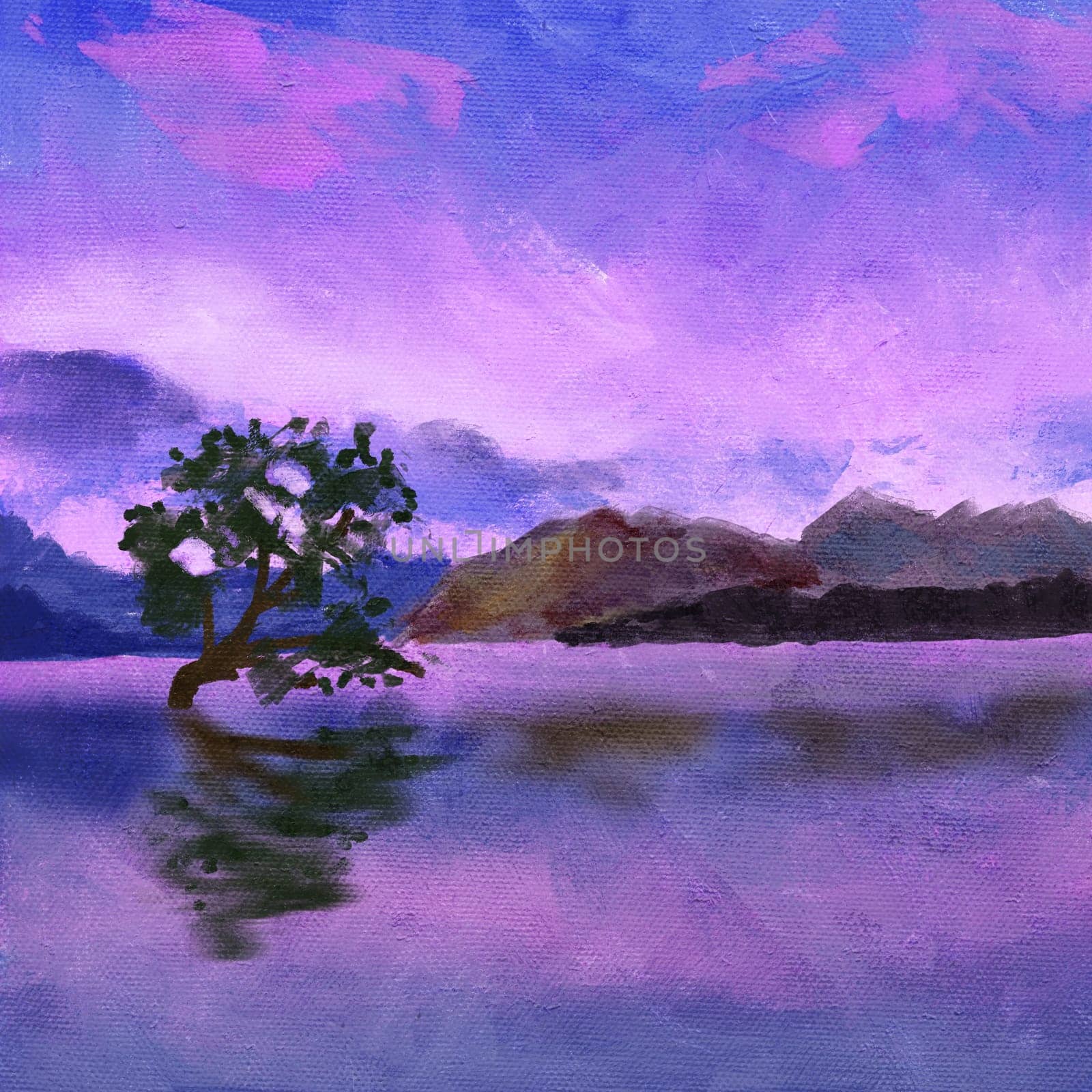 Hand drawn illustration of purple pink sunset landscape with water reflection. Mountains trees blue sky clouds, evening sunset sunsire scenery scene, oil painting texture sketch style. by Lagmar