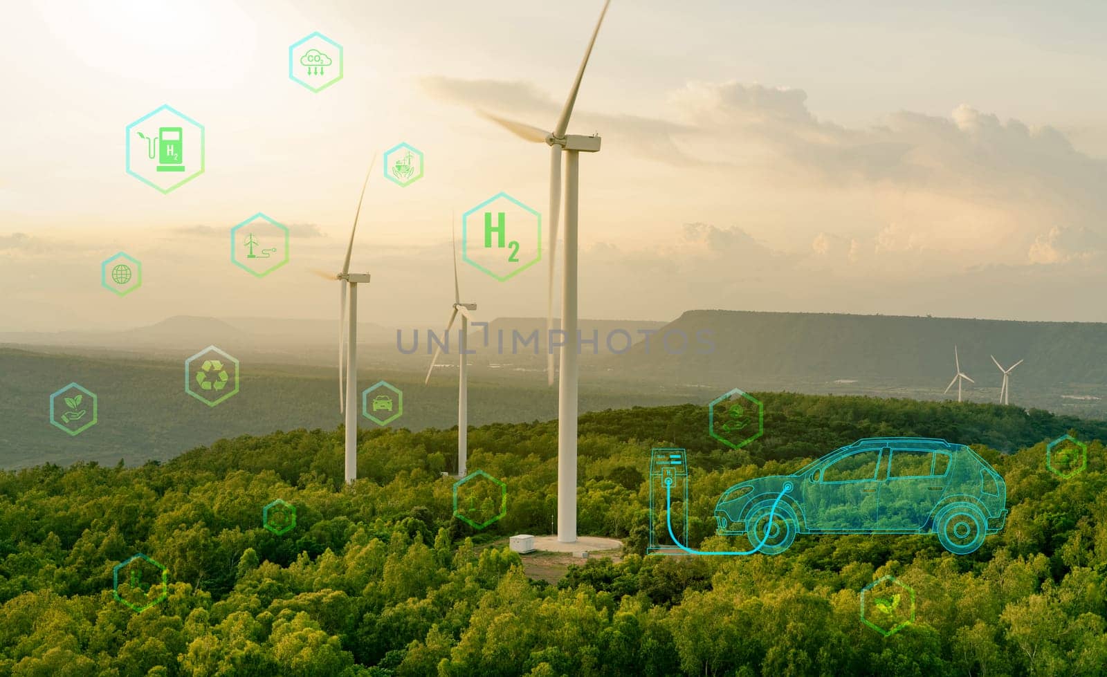 Green hydrogen gas production at wind farm. Sustainable renewable energy. Electric car filling H2 at hydrogen fueling station. H2 Fuel cell vehicle. Net zero emission. Future energy. Green technology by Fahroni