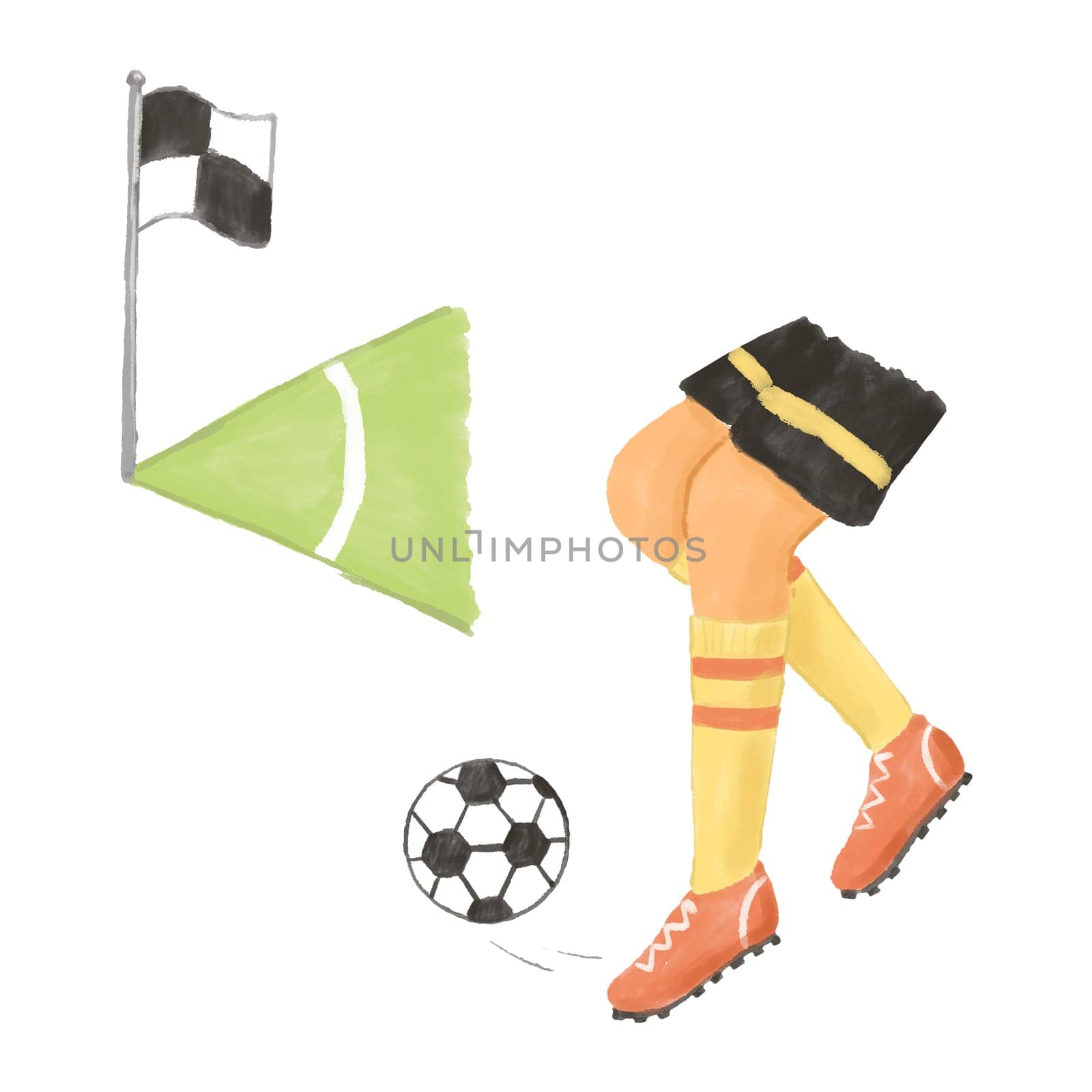 Soccer player illustration isolated on white background. Feet of football player with ball. Corner of football field with flag.