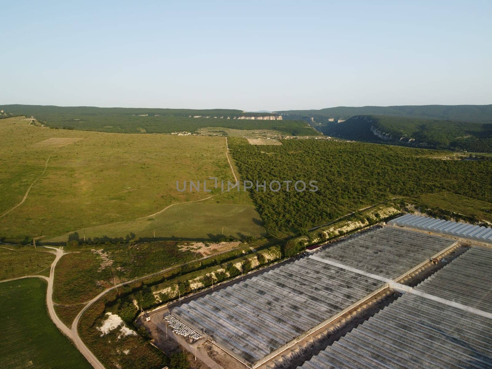 Aerial view on greenhouse factory surrounded by wheat field in countryside. Field of wheat blowing in the wind like green sea. Agronomy, industry and food production. by panophotograph