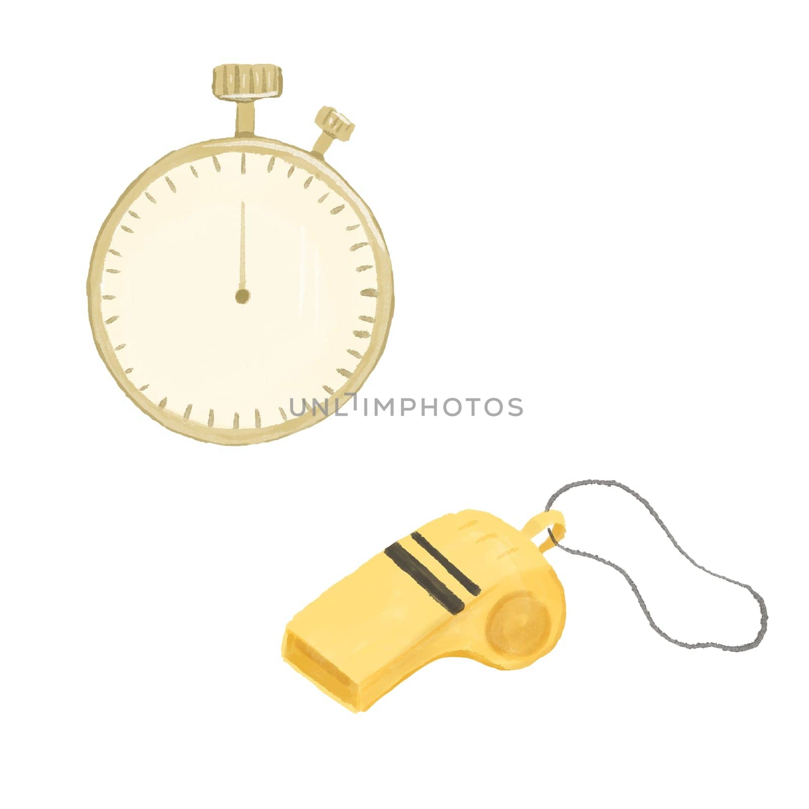 Hand drawn stopwatch timer and whistle isolated on white. Stopwatch quick delivery speed concept, express and urgent services.