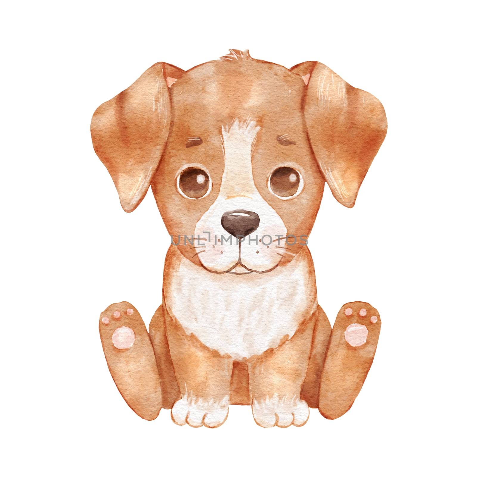 Cute cartoon dog isolated on white. Watercolor puppy is sitting. Childish funny character by ElenaPlatova