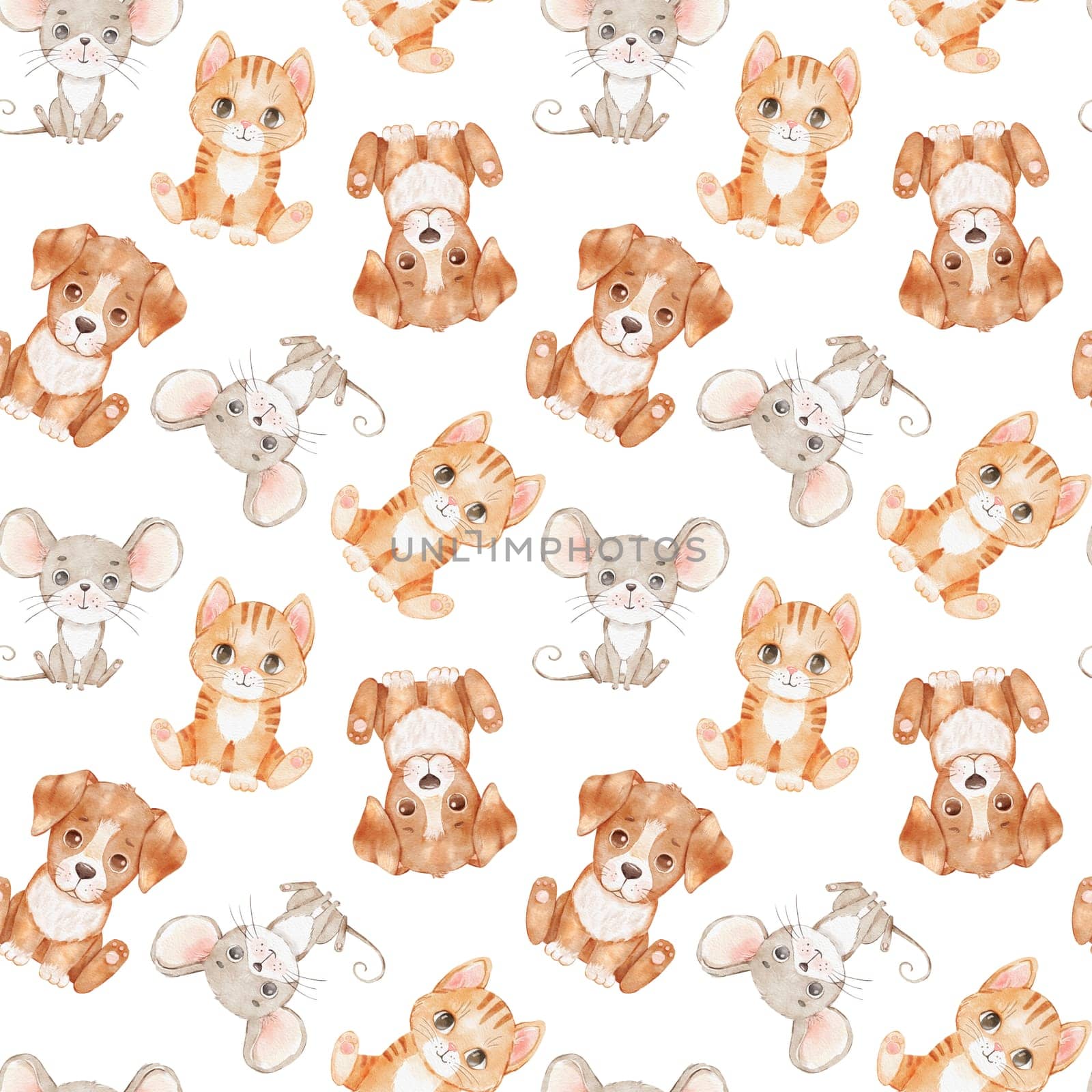 Cute cartoon cat, dog and mouse on white. Watercolor seamless pattern. Childish background