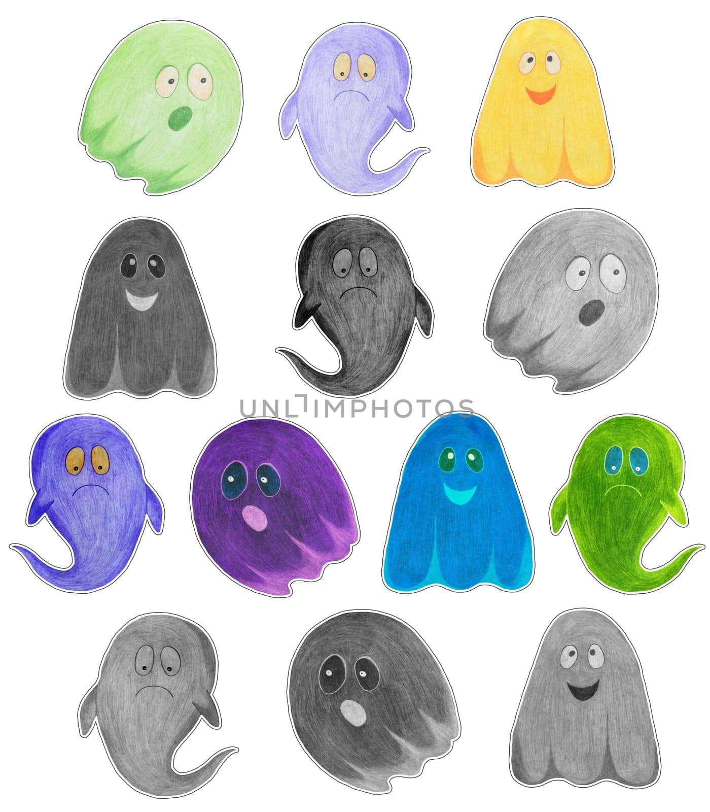Set of Hand Drawn Halloween Ghosts Sticker Pack. Halloween scary ghostly monsters. Cute cartoon spooky character, Drawn by Color Pencils.