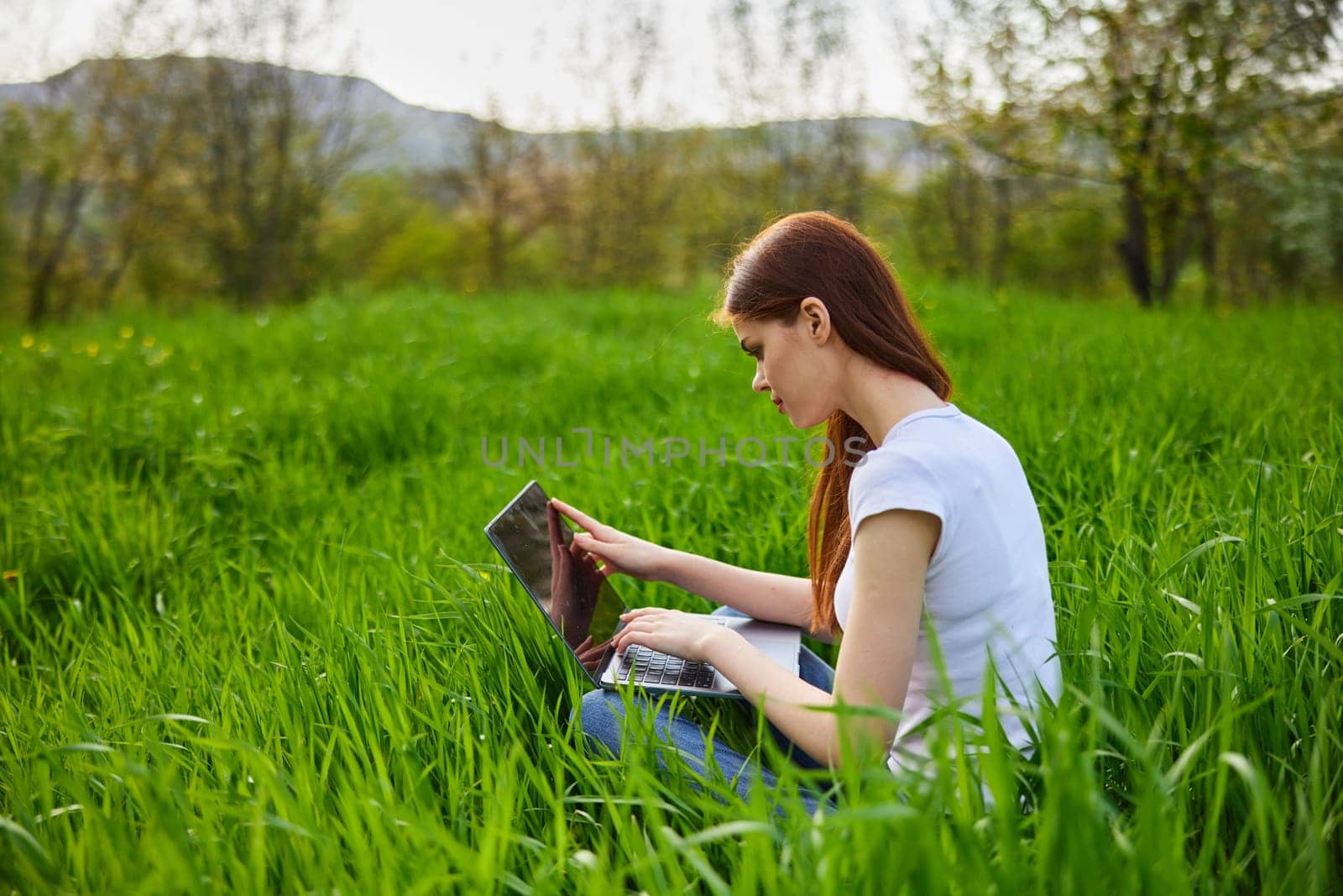 woman working on a laptop while sitting in tall grass in nature by Vichizh