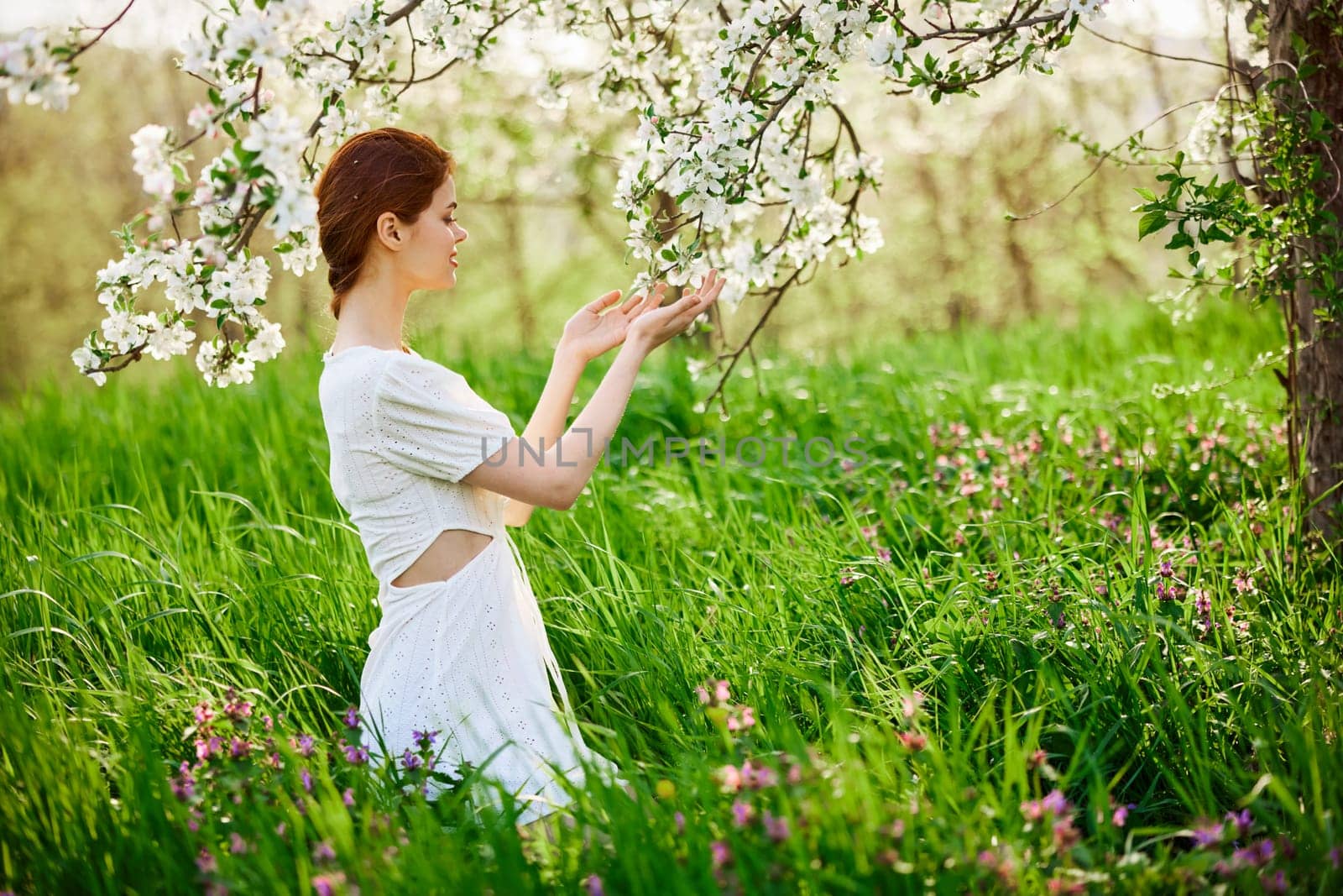 beautiful woman in a light dress posing next to a flowering tree in the countryside by Vichizh