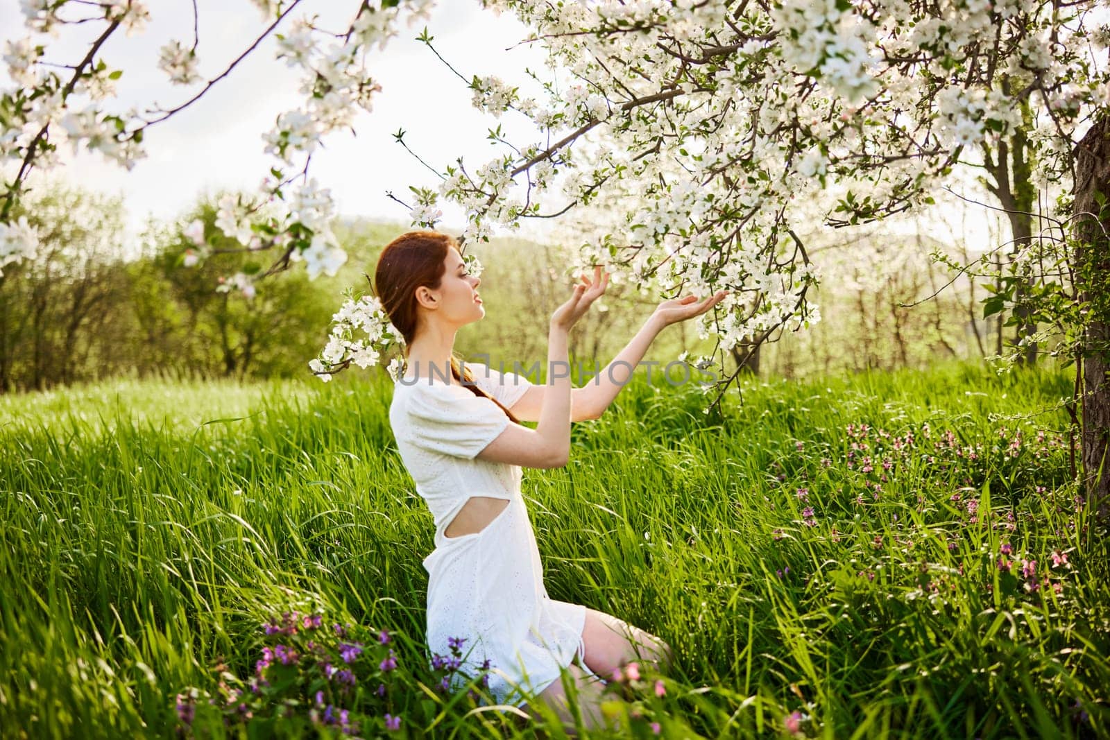 a woman in a light dress sits in the grass near a flowering apple tree by Vichizh