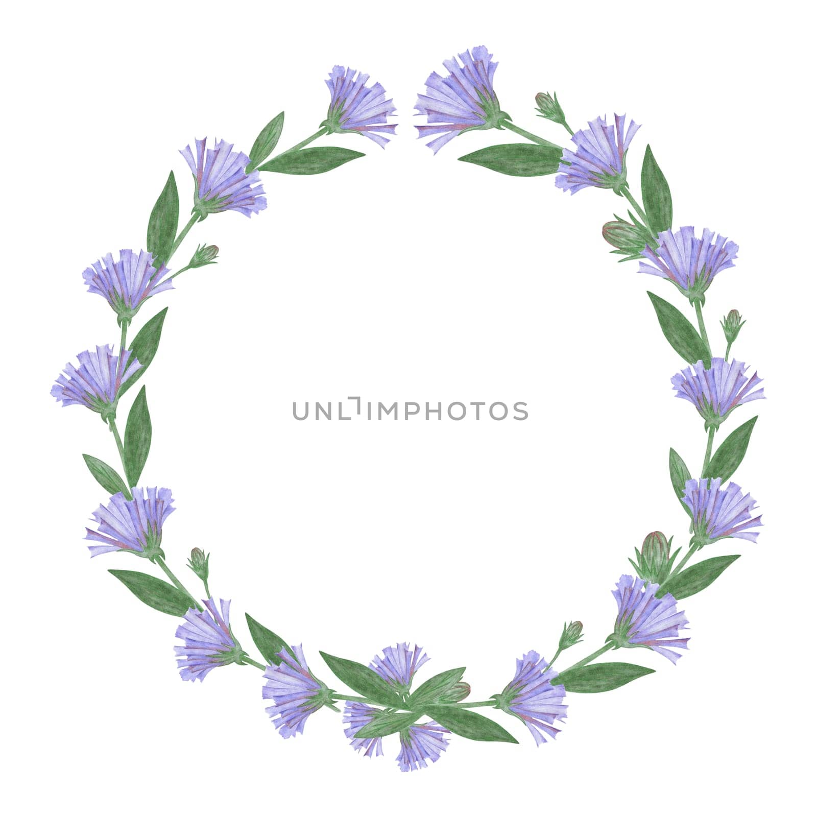 Cute Hand Drawn Flower Wreath with Blue Flowers. Elegant Floral Circle Frame with Lavender Flowers and Green Leaves on White Background. Decorative Elements for Design.