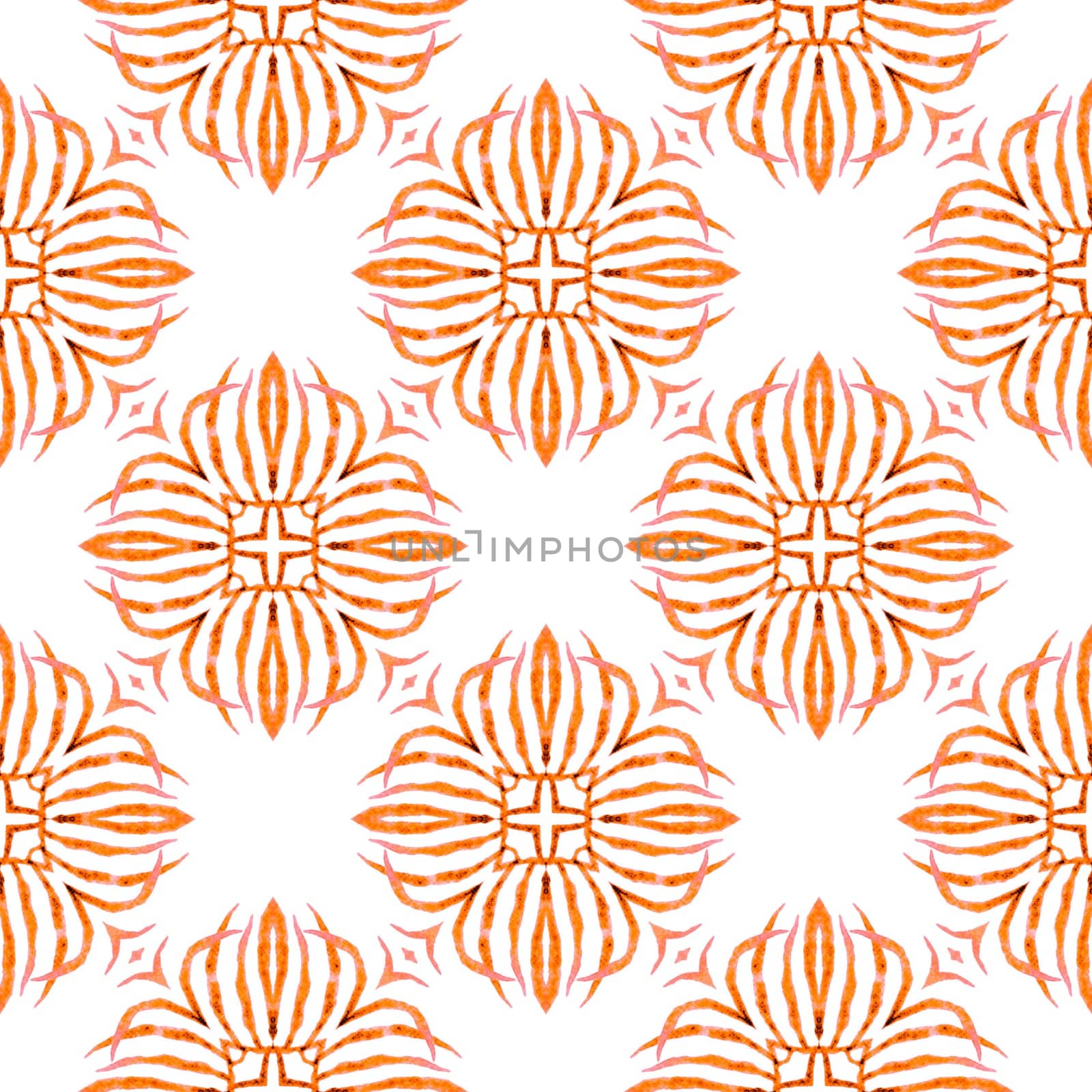 Textile ready alluring print, swimwear fabric, wallpaper, wrapping. Orange bold boho chic summer design. Organic tile. Trendy organic green border.