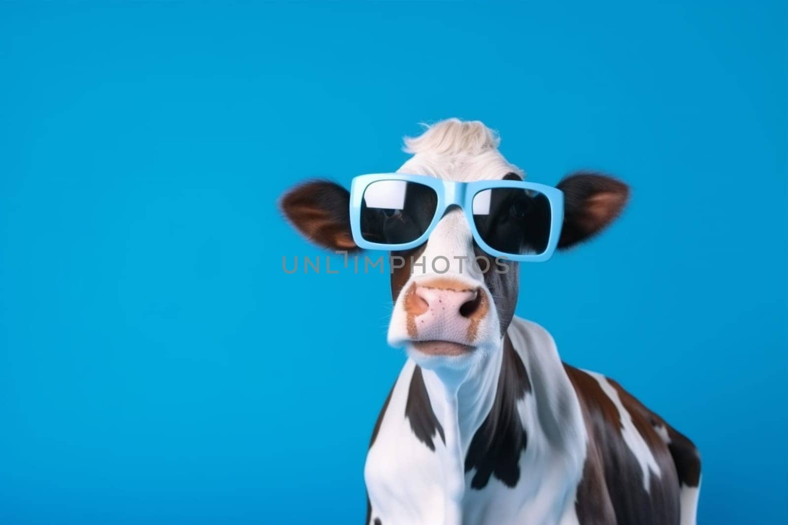 copy background eyeglass dairy cool head milk blue space portrait animal character humor isolated smiling funny fun trendy sunglasses concept cow face. Generative AI.