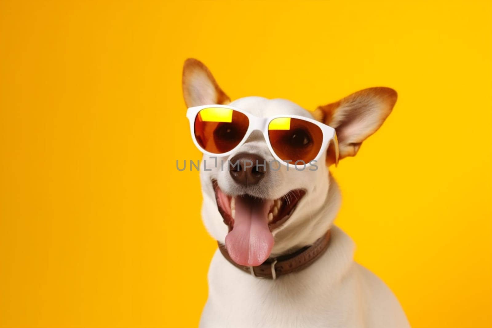 dog beautiful cute puppy breed pink isolated pet portrait smile background yellow adorable sunglasses brown white animal friend happy young funny. Generative AI.
